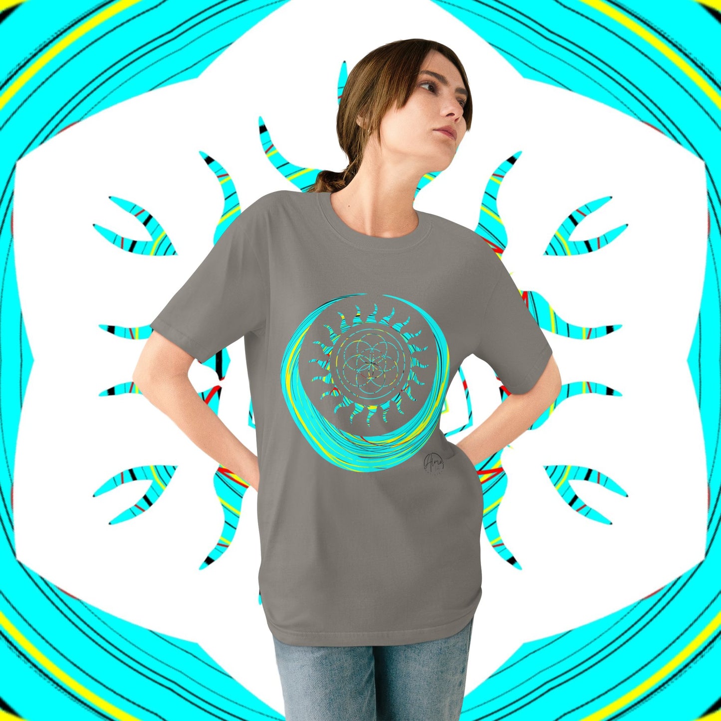Sun and Moon T-shirt, Organic Cotton, Seed of Life Design, Spiritual Art Shirt, Cosmic Tee, Boho Shirt, Nature Lover Top, Celestial Clothing, Yoga
