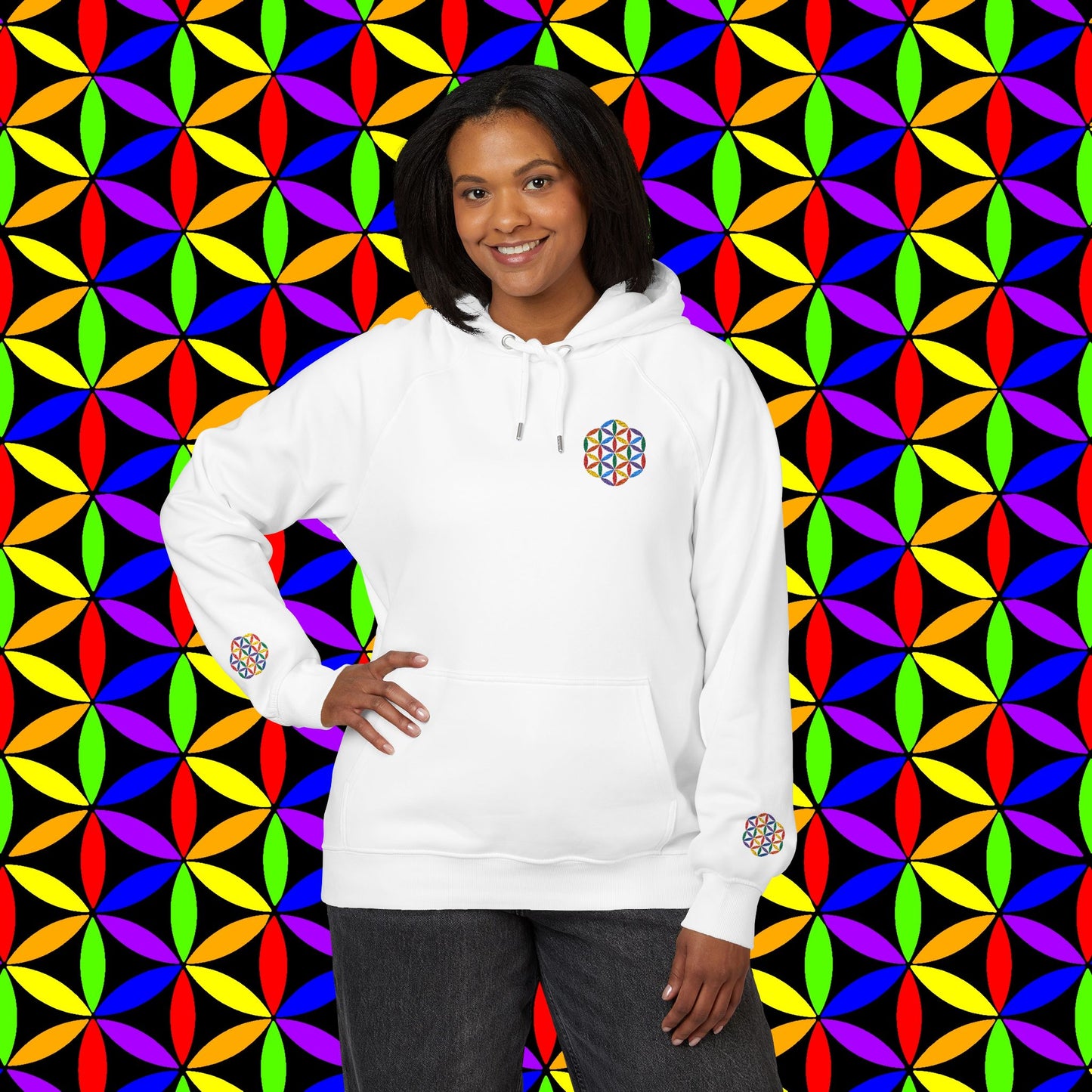 Organic Cotton Hoodie, Rainbow Flower of Life (Embroidery), Sustainable Sweatshirt, Conscious Clothing, Mindful Fashion, Nature