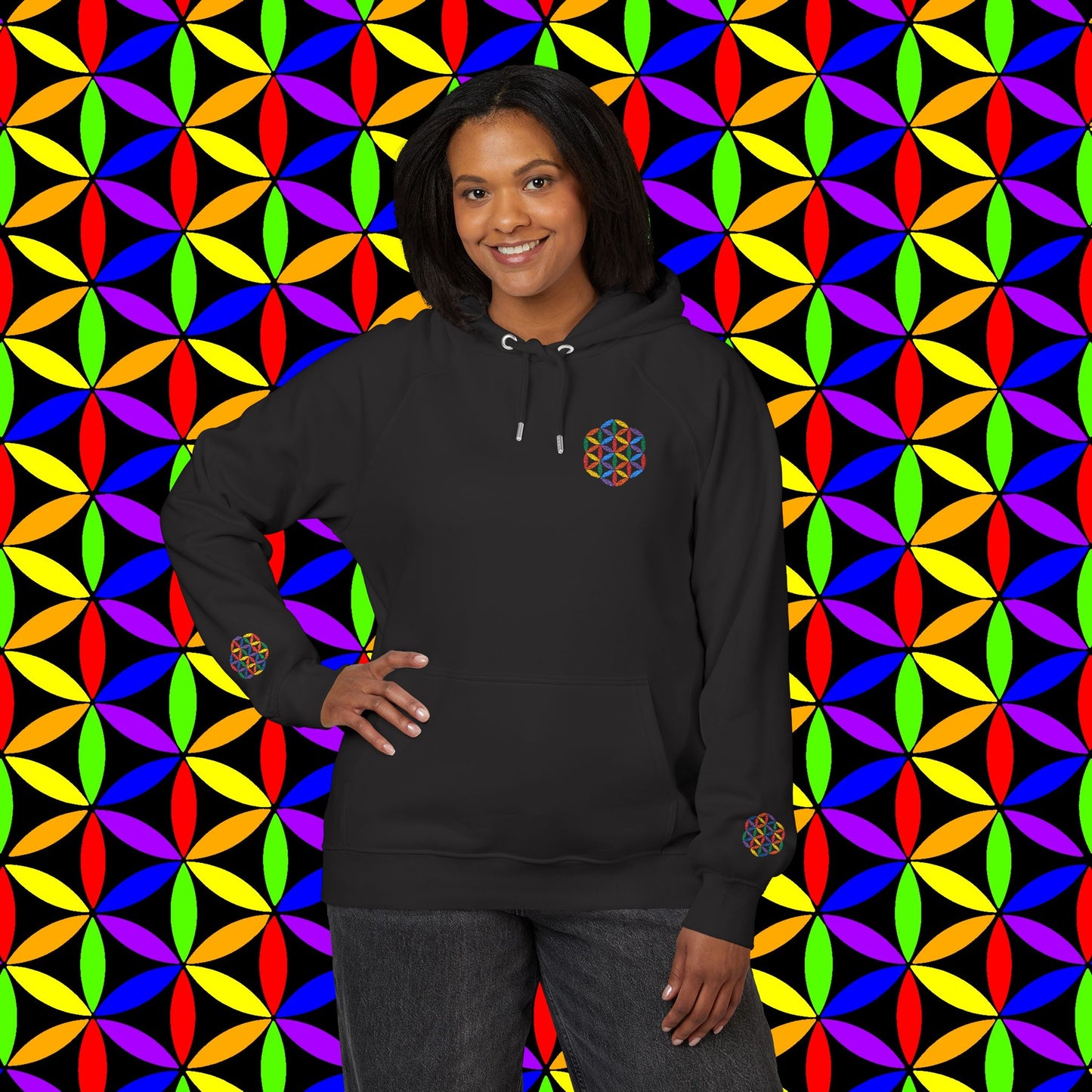 Organic Cotton Hoodie, Rainbow Flower of Life (Embroidery), Sustainable Sweatshirt, Conscious Clothing, Mindful Fashion, Nature