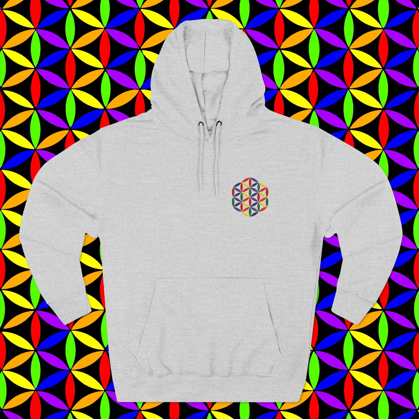 Fleece Art Hoodie, Sacred Geometry Rainbow Flower of Life Art, Psychedelic Visionary Logo Design, AlmaLaterArt, Trippy Hoodie, Festival