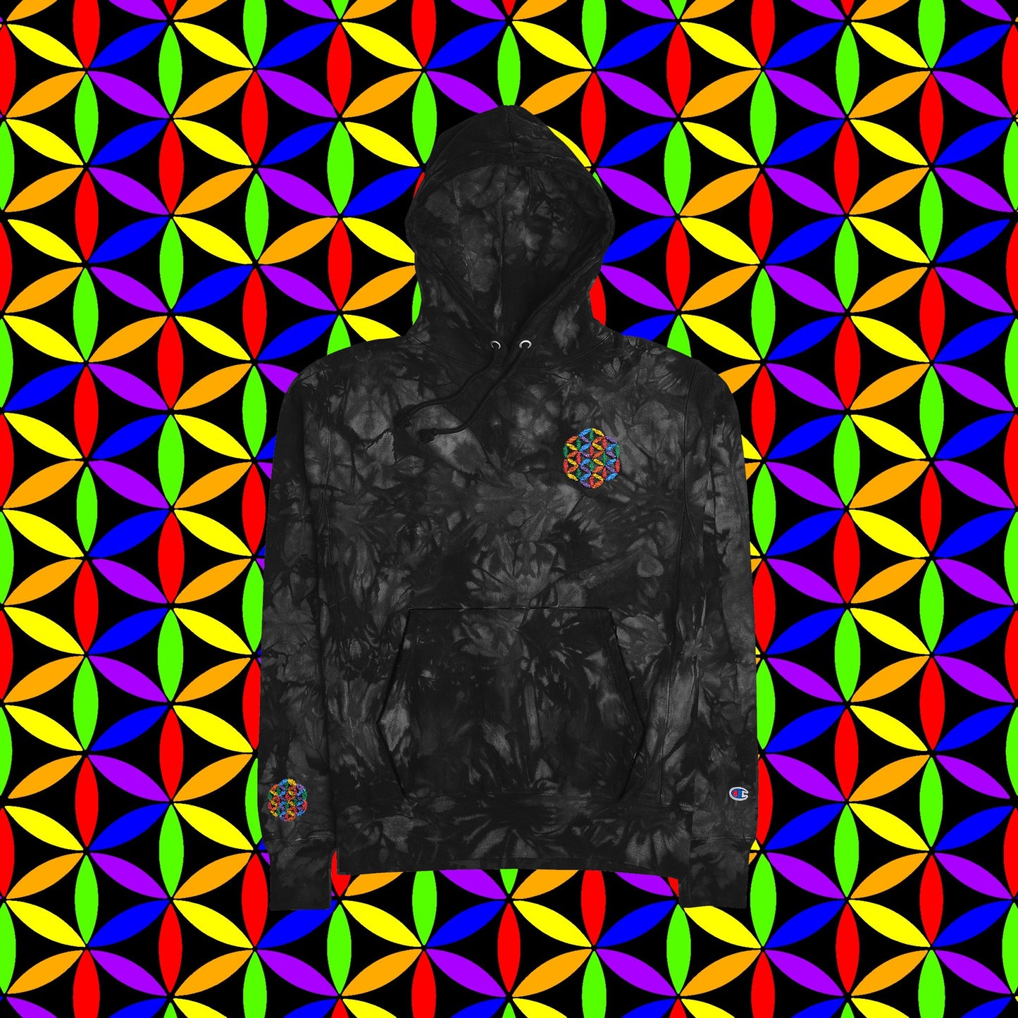 Tie-Dye Hoodie, Rainbow Flower of Life Design, Art Hoodie, Festival Rave, Conscious Creator, Visionary Artist, Spiritual People, Embroidered Hoodie