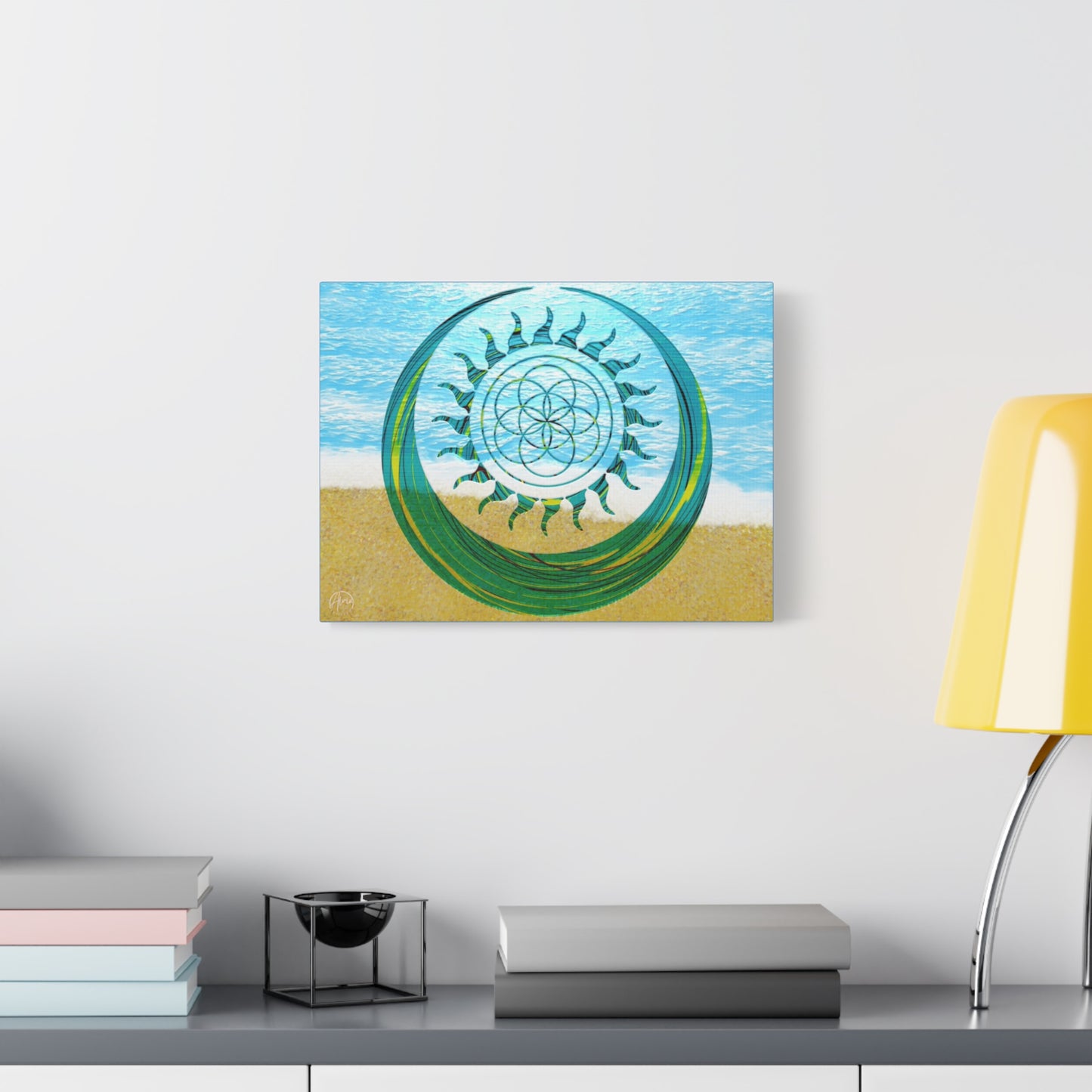 Serene Ocean Canvas Art, Beach Decor, Sun and Moon, Seed of Life, Spiritual Wall Art, Bohemian Home Accent, Gift for Yoga Lovers, Tranquil Living Room