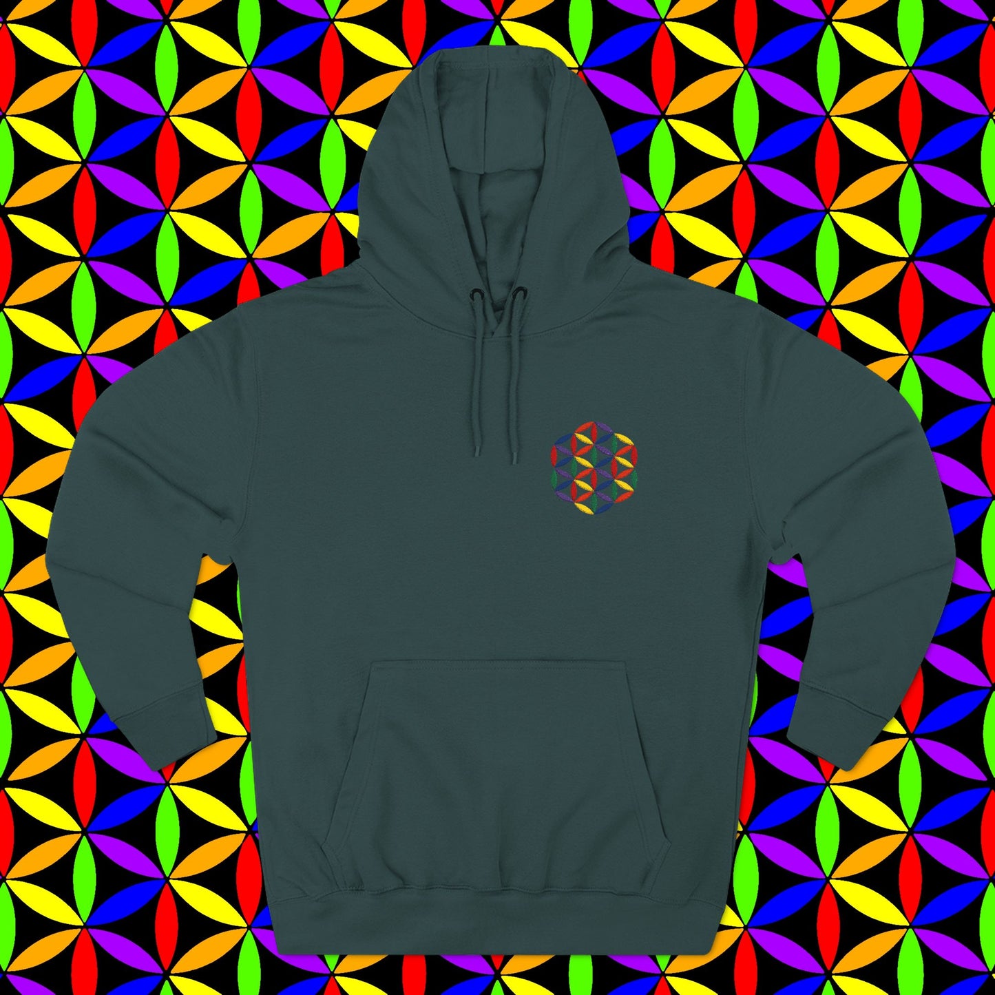 Fleece Art Hoodie, Sacred Geometry Rainbow Flower of Life Art, Psychedelic Visionary Logo Design, AlmaLaterArt, Trippy Hoodie, Festival