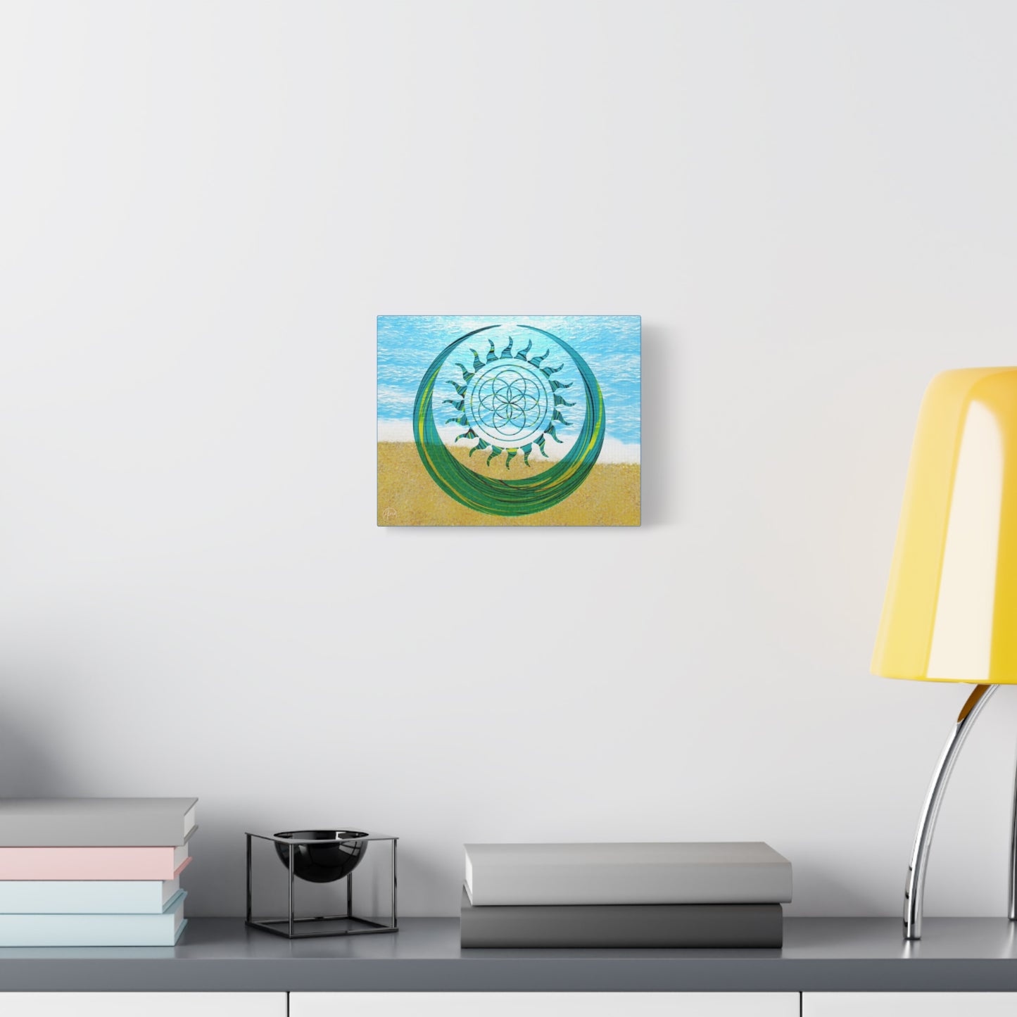 Serene Ocean Canvas Art, Beach Decor, Sun and Moon, Seed of Life, Spiritual Wall Art, Bohemian Home Accent, Gift for Yoga Lovers, Tranquil Living Room