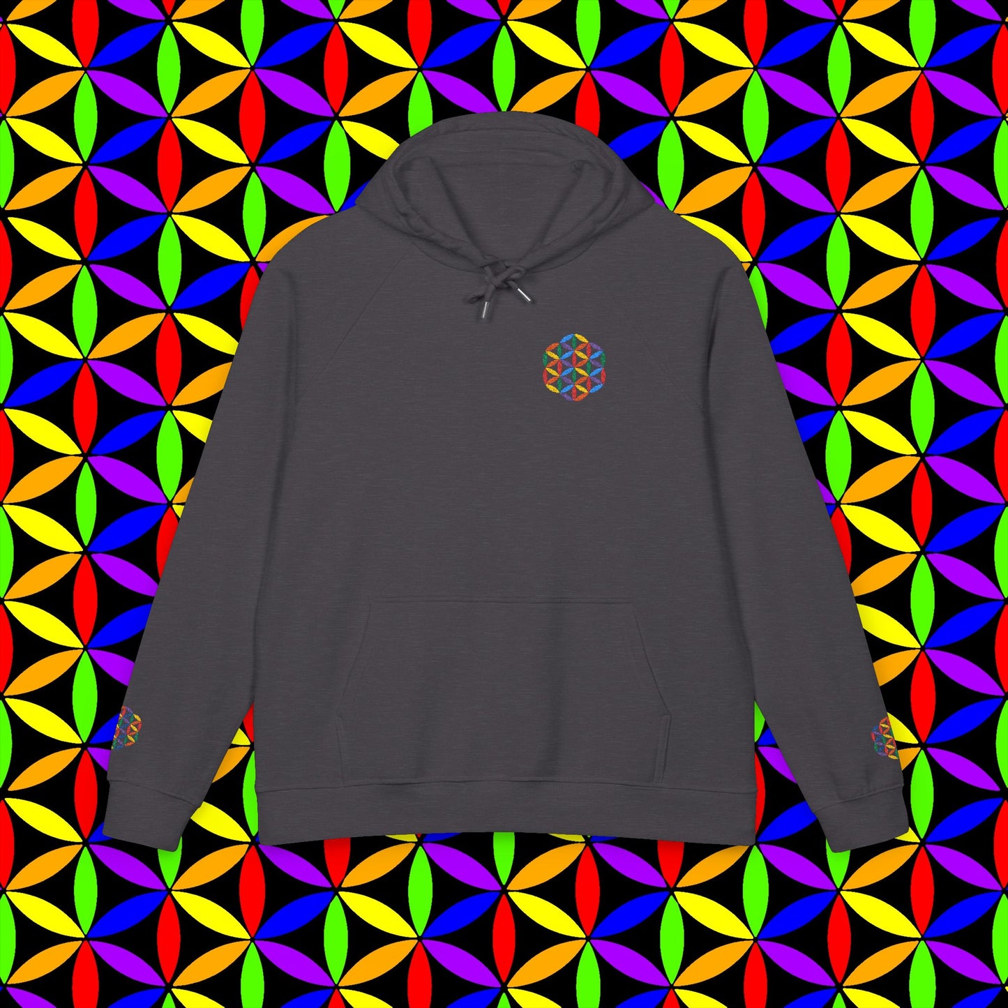 Organic Cotton Hoodie, Rainbow Flower of Life (Embroidery), Sustainable Sweatshirt, Conscious Clothing, Mindful Fashion, Nature