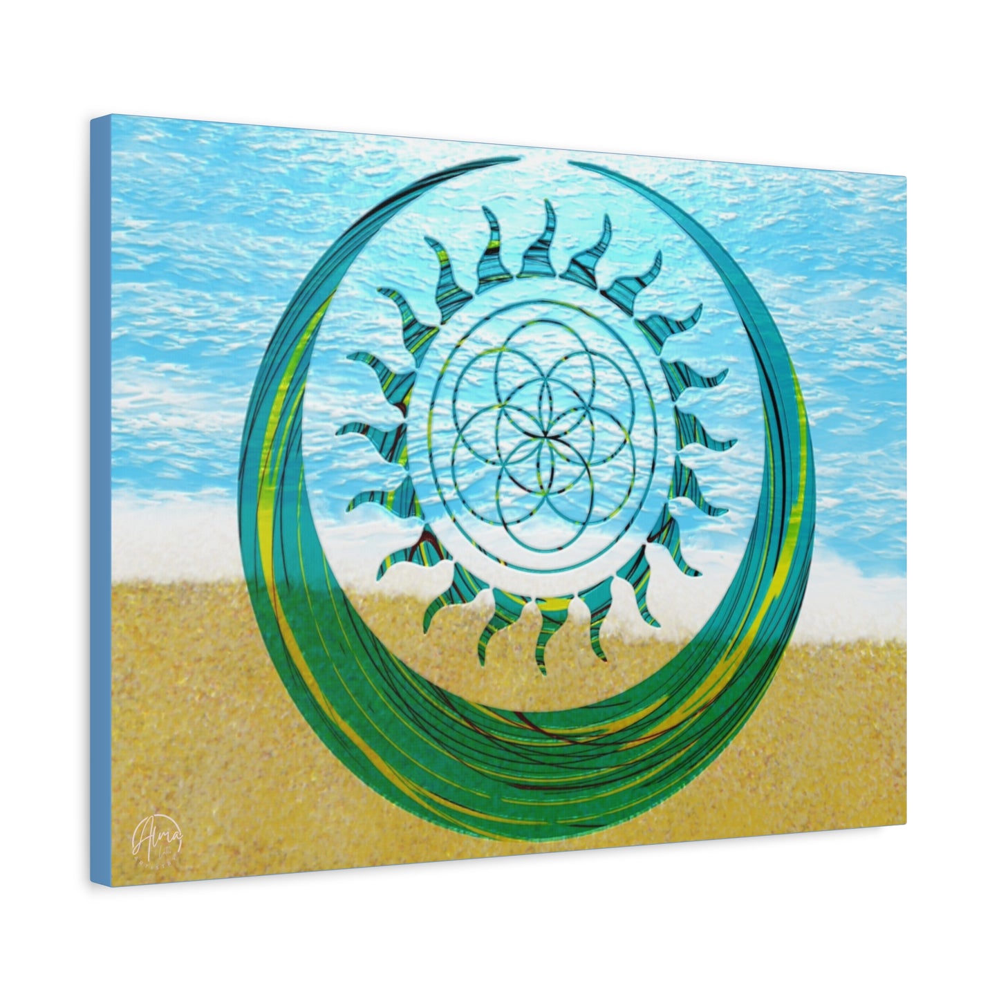 Serene Ocean Canvas Art, Beach Decor, Sun and Moon, Seed of Life, Spiritual Wall Art, Bohemian Home Accent, Gift for Yoga Lovers, Tranquil Living Room