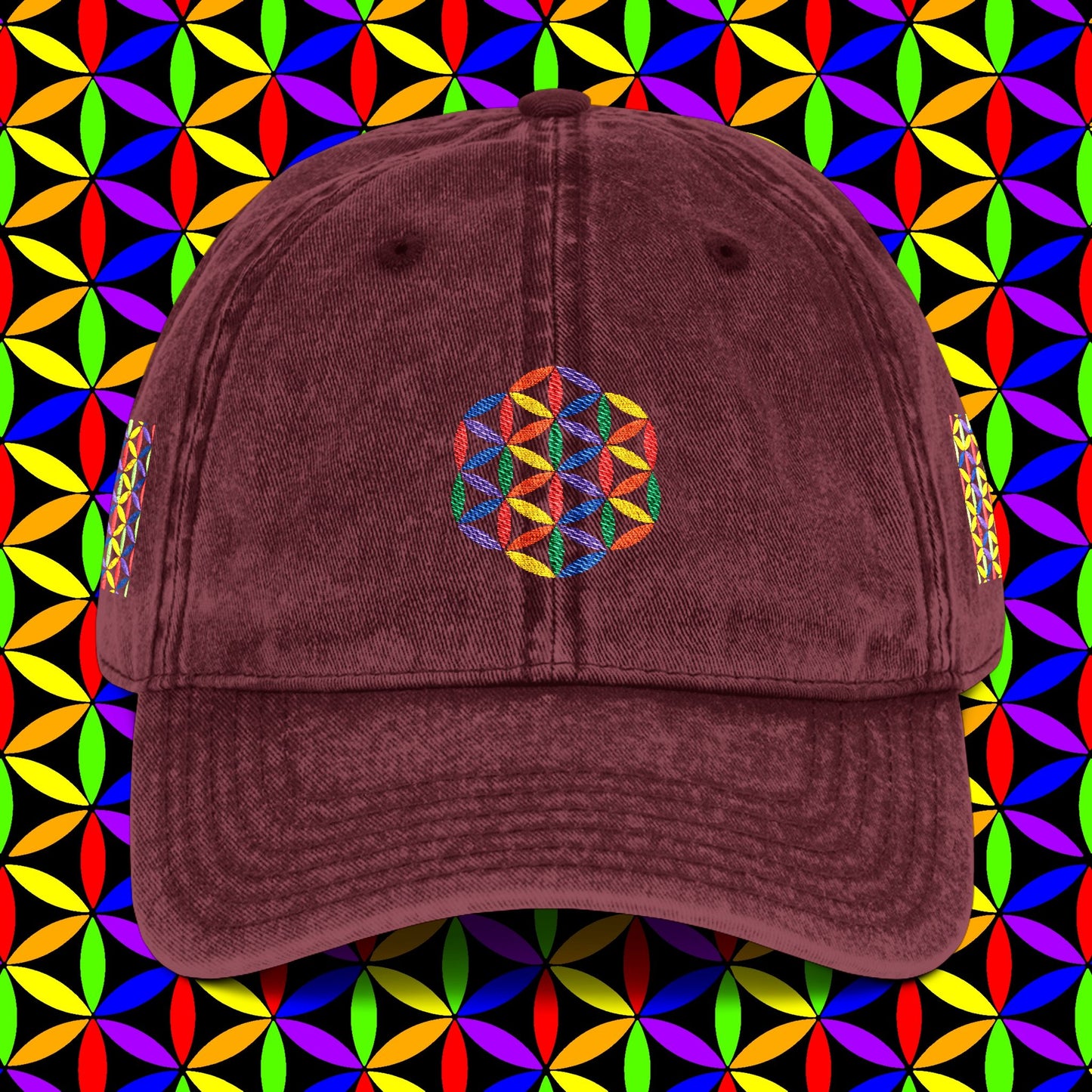 Embroidered Dad Hat | Rainbow Flower of Life Design | 100% Cotton | Conscious Spiritual Dad Hat | Sacred Geometry Hat Embroidery