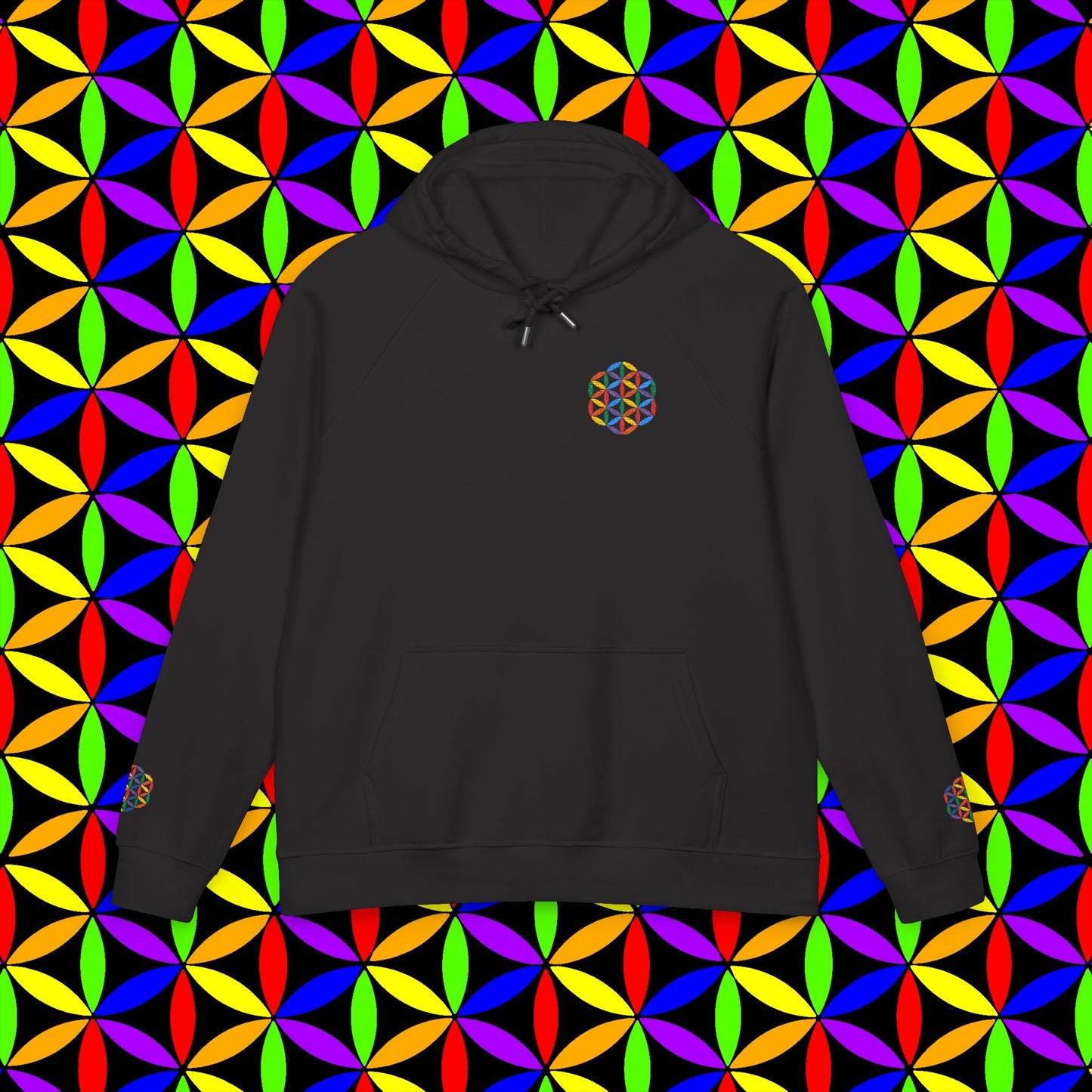 Organic Cotton Hoodie, Rainbow Flower of Life (Embroidery), Sustainable Sweatshirt, Conscious Clothing, Mindful Fashion, Nature