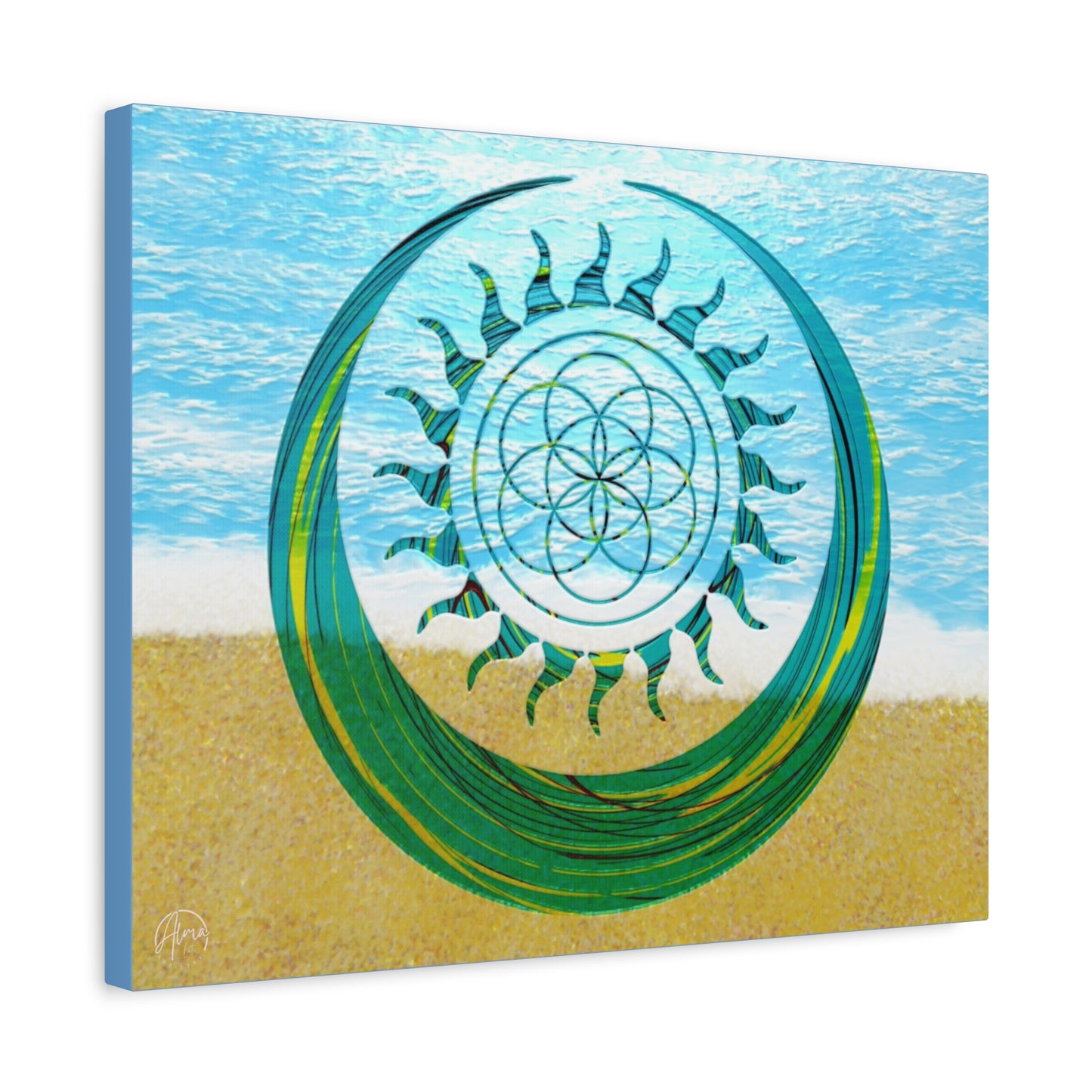 Serene Ocean Canvas Art, Beach Decor, Sun and Moon, Seed of Life, Spiritual Wall Art, Bohemian Home Accent, Gift for Yoga Lovers, Tranquil Living Room