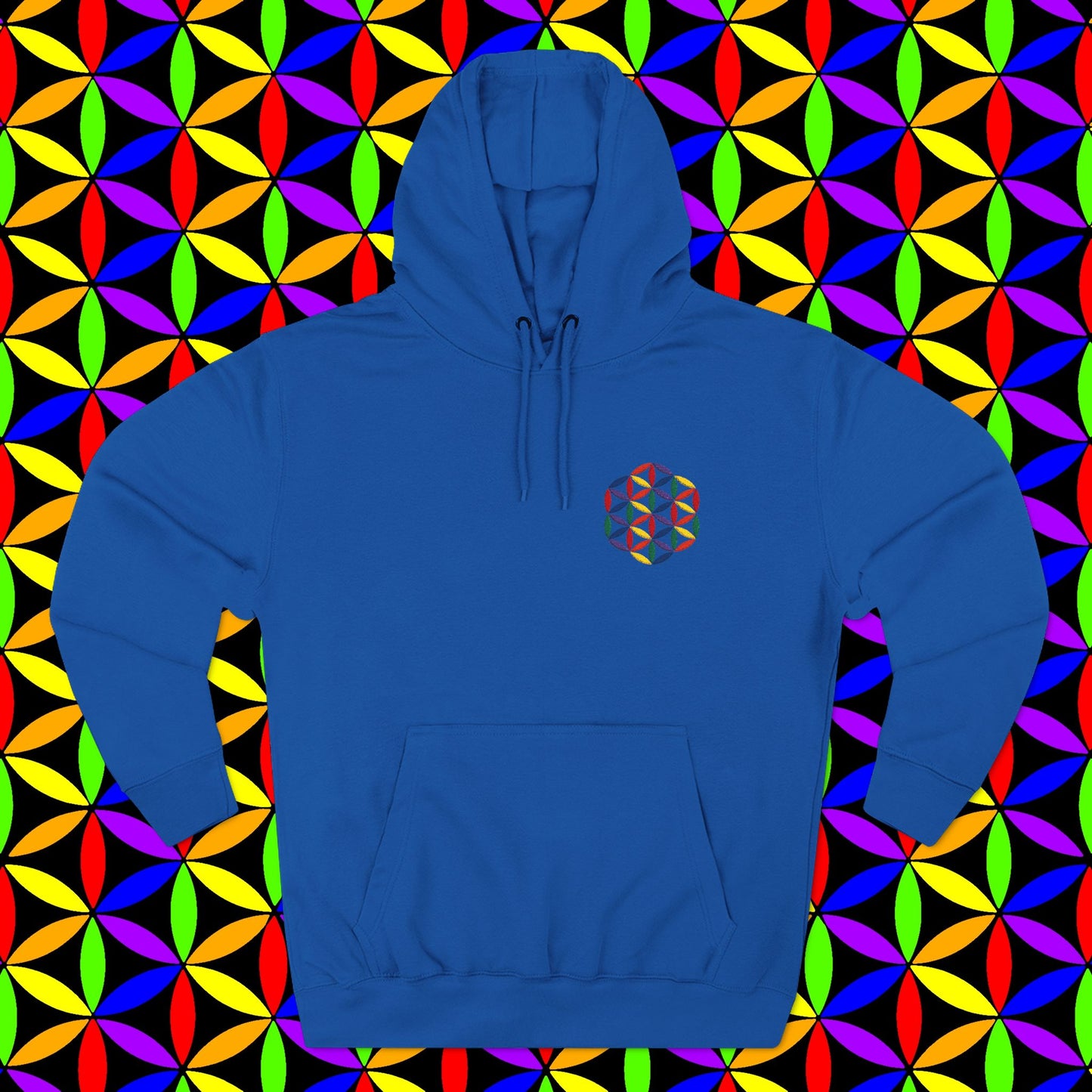 Fleece Art Hoodie, Sacred Geometry Rainbow Flower of Life Art, Psychedelic Visionary Logo Design, AlmaLaterArt, Trippy Hoodie, Festival