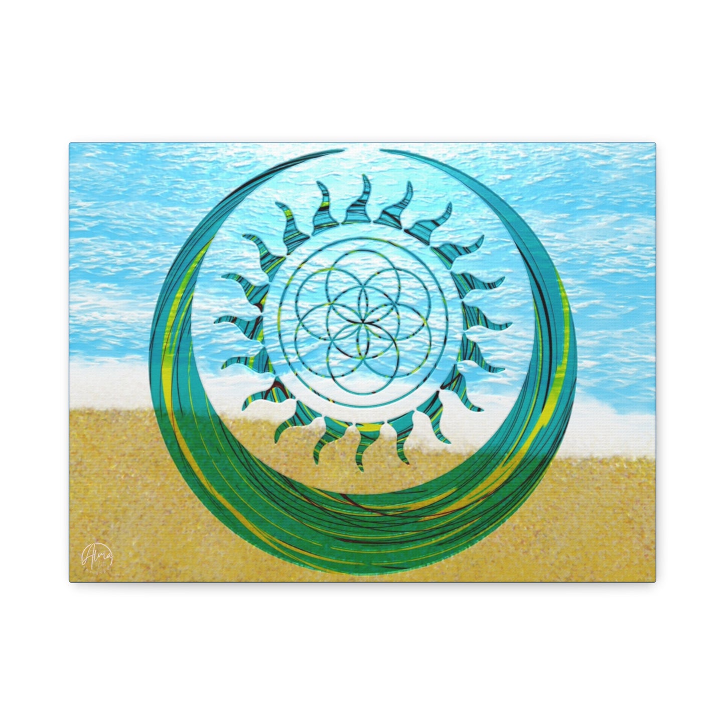 Serene Ocean Canvas Art, Beach Decor, Sun and Moon, Seed of Life, Spiritual Wall Art, Bohemian Home Accent, Gift for Yoga Lovers, Tranquil Living Room