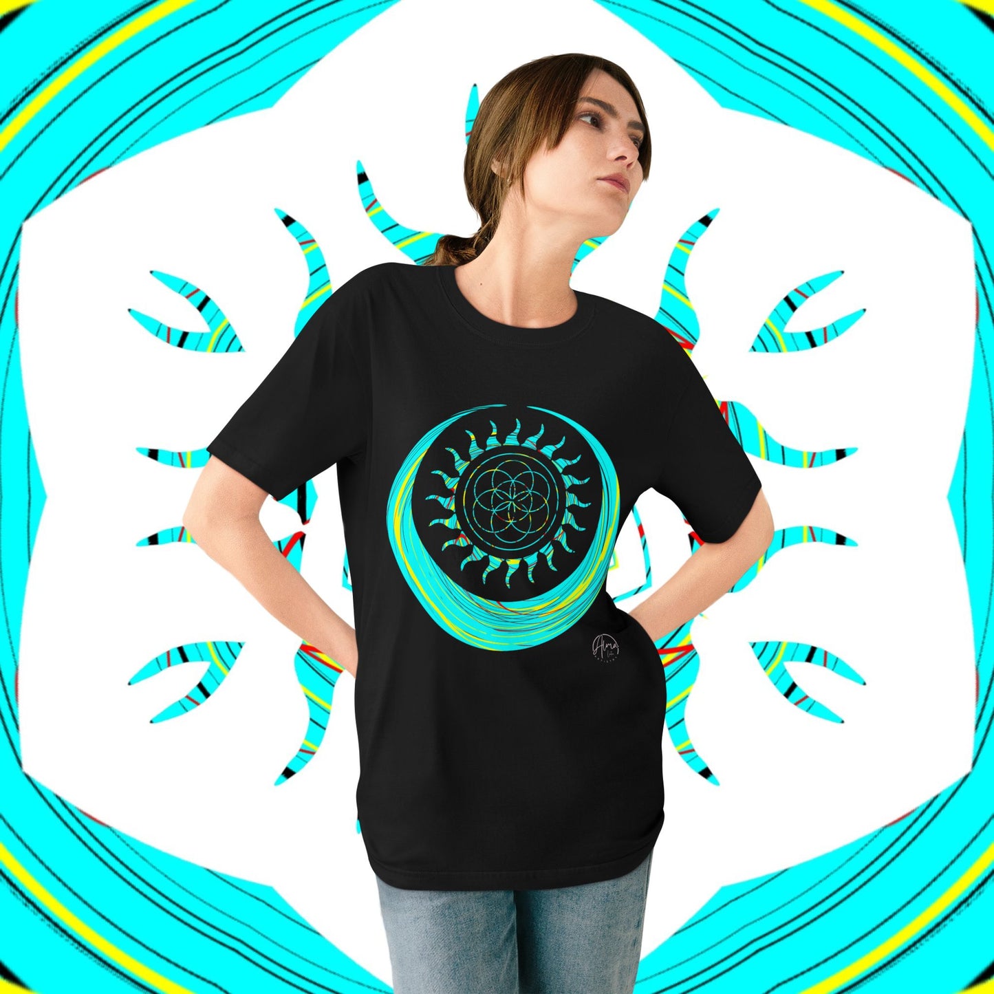 Sun and Moon T-shirt, Organic Cotton, Seed of Life Design, Spiritual Art Shirt, Cosmic Tee, Boho Shirt, Nature Lover Top, Celestial Clothing, Yoga