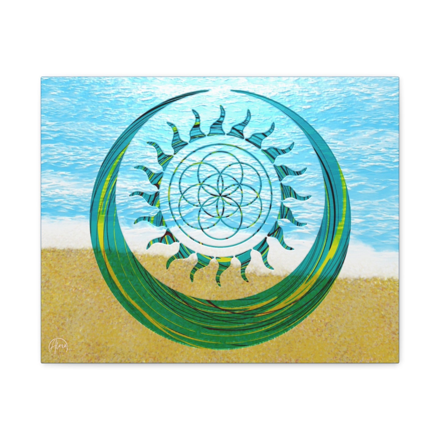 Serene Ocean Canvas Art, Beach Decor, Sun and Moon, Seed of Life, Spiritual Wall Art, Bohemian Home Accent, Gift for Yoga Lovers, Tranquil Living Room