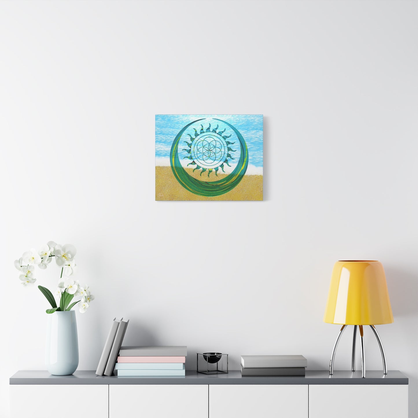 Serene Ocean Canvas Art, Beach Decor, Sun and Moon, Seed of Life, Spiritual Wall Art, Bohemian Home Accent, Gift for Yoga Lovers, Tranquil Living Room