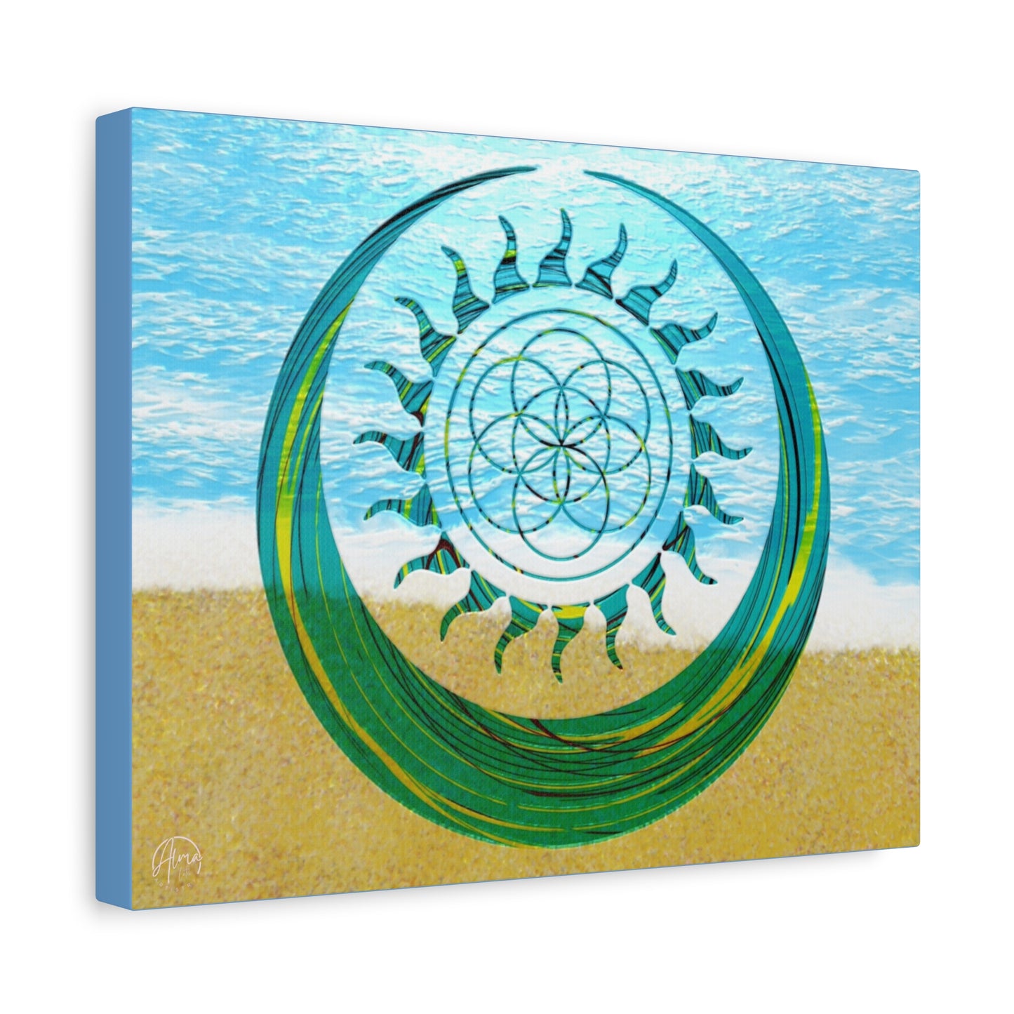 Serene Ocean Canvas Art, Beach Decor, Sun and Moon, Seed of Life, Spiritual Wall Art, Bohemian Home Accent, Gift for Yoga Lovers, Tranquil Living Room