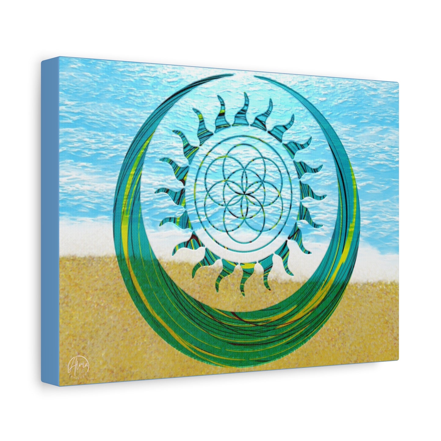 Serene Ocean Canvas Art, Beach Decor, Sun and Moon, Seed of Life, Spiritual Wall Art, Bohemian Home Accent, Gift for Yoga Lovers, Tranquil Living Room