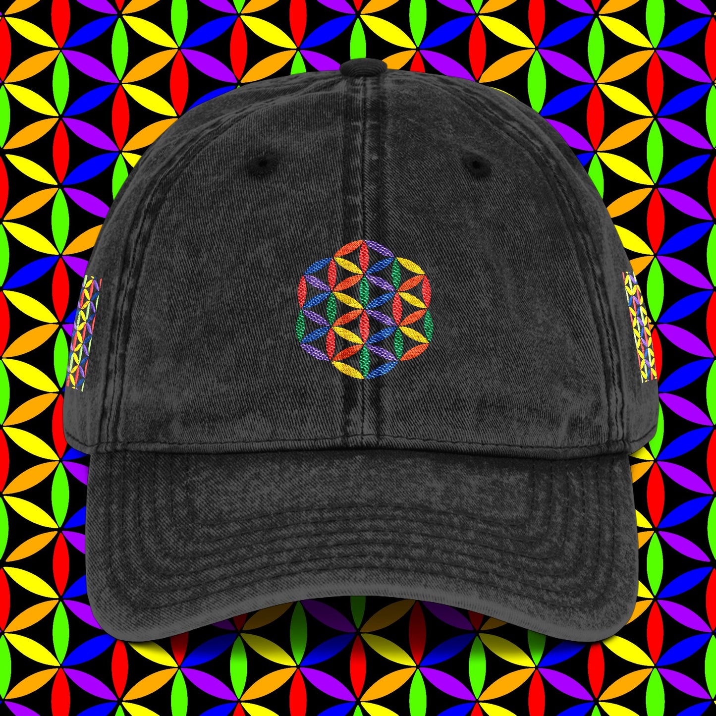 Embroidered Dad Hat | Rainbow Flower of Life Design | 100% Cotton | Conscious Spiritual Dad Hat | Sacred Geometry Hat Embroidery