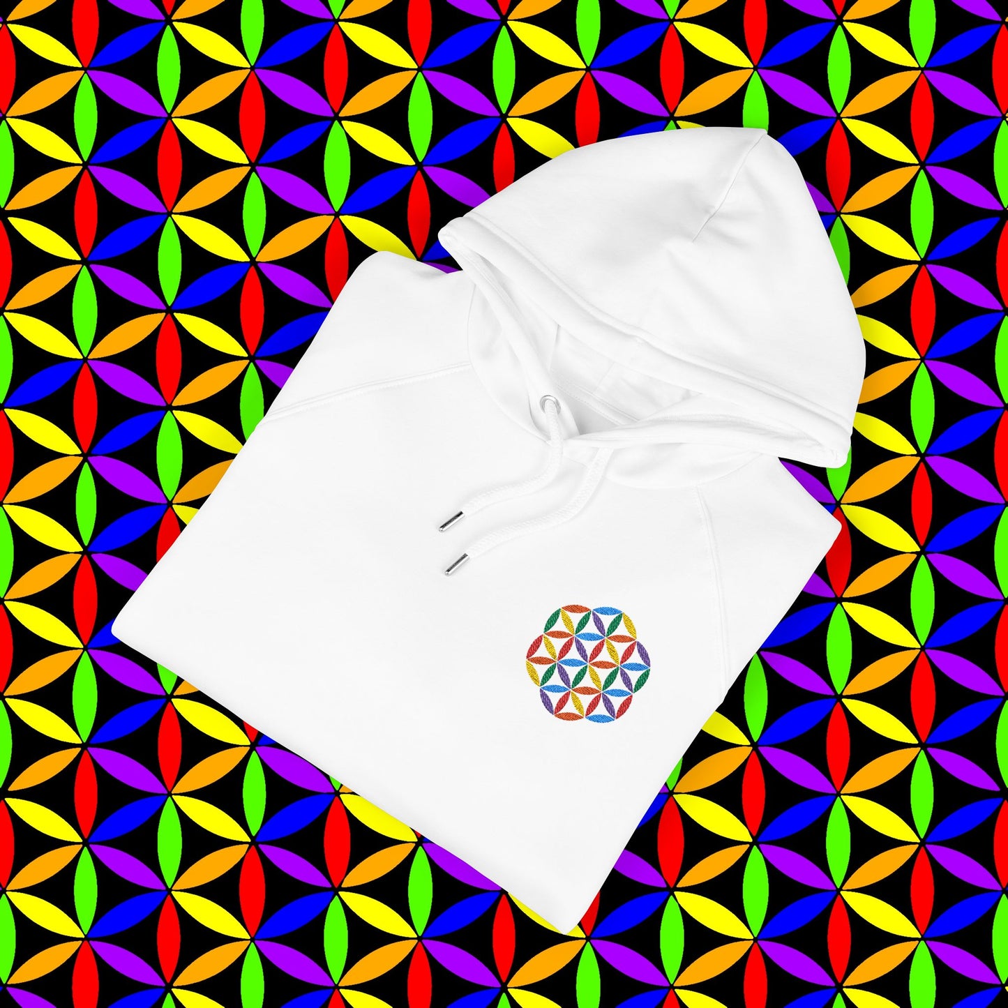Organic Cotton Hoodie, Rainbow Flower of Life (Embroidery), Sustainable Sweatshirt, Conscious Clothing, Mindful Fashion, Nature