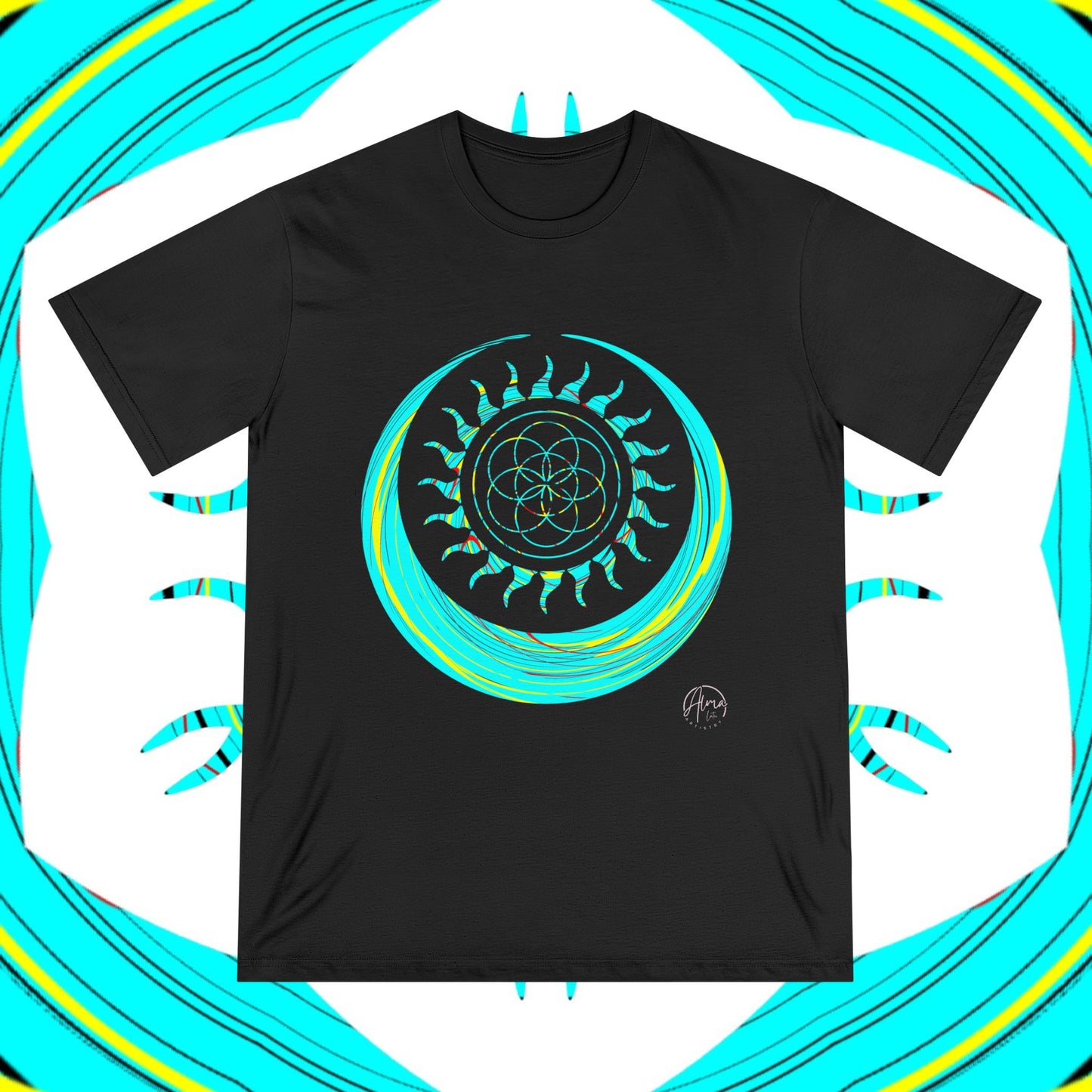 Sun and Moon T-shirt, Organic Cotton, Seed of Life Design, Spiritual Art Shirt, Cosmic Tee, Boho Shirt, Nature Lover Top, Celestial Clothing, Yoga