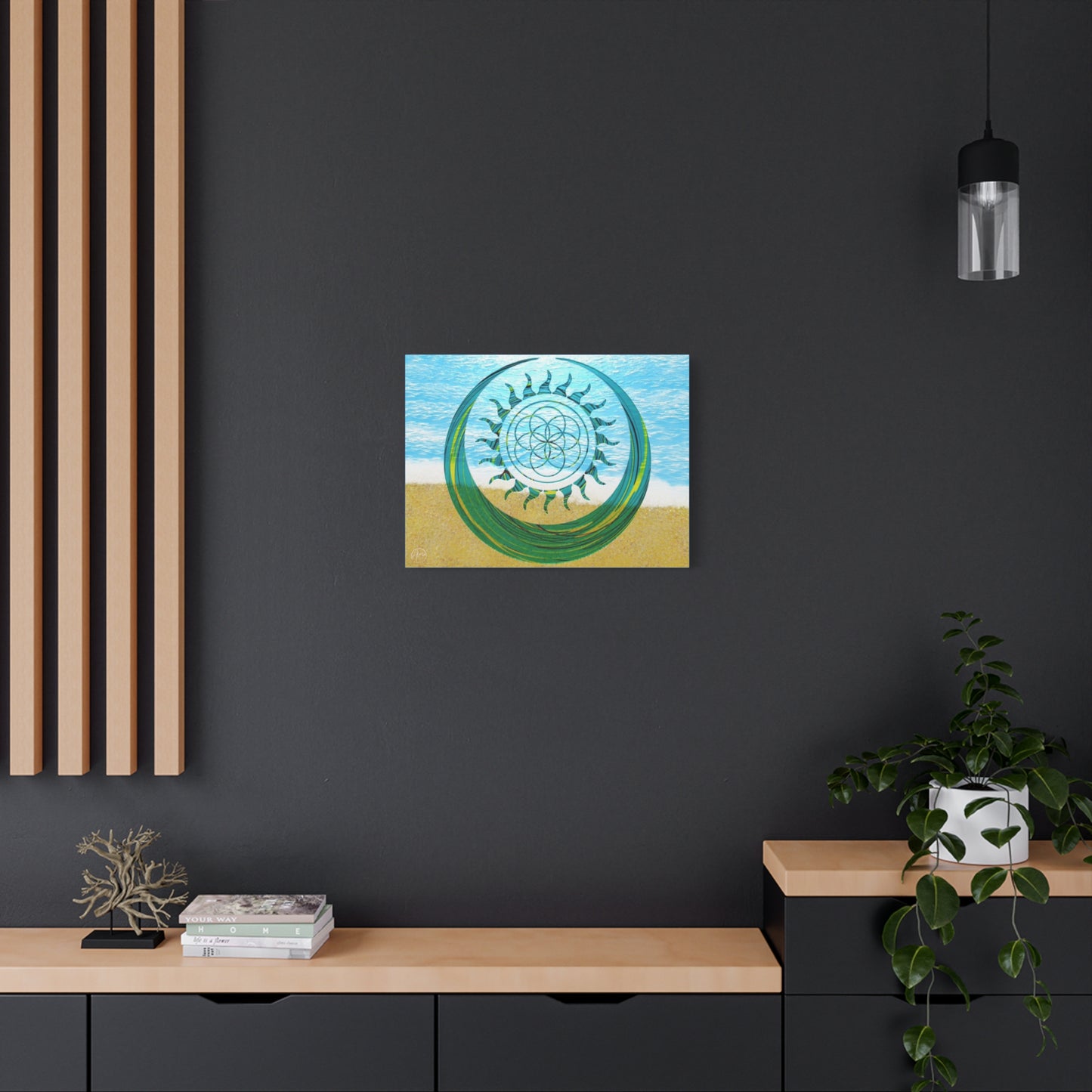Serene Ocean Canvas Art, Beach Decor, Sun and Moon, Seed of Life, Spiritual Wall Art, Bohemian Home Accent, Gift for Yoga Lovers, Tranquil Living Room