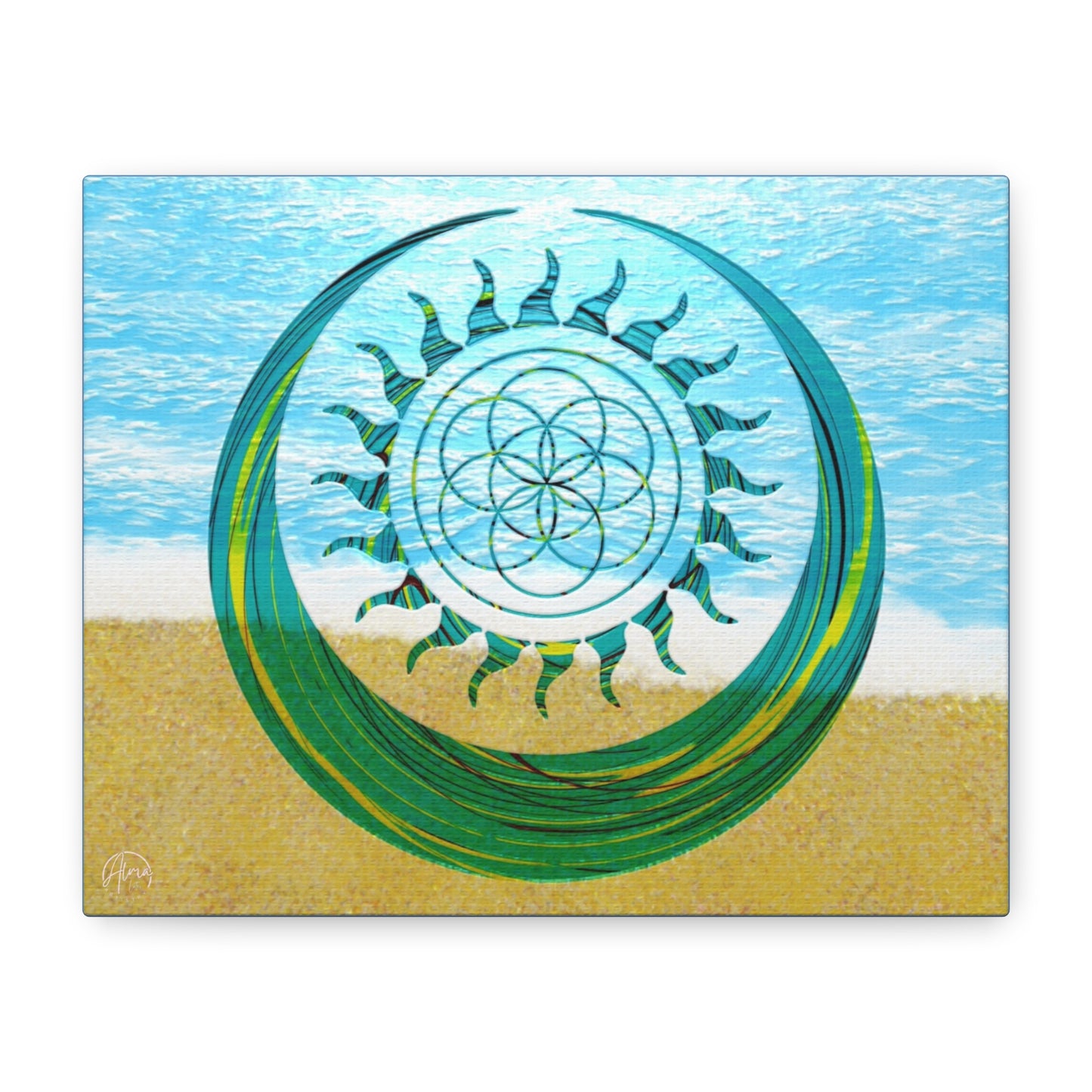 Serene Ocean Canvas Art, Beach Decor, Sun and Moon, Seed of Life, Spiritual Wall Art, Bohemian Home Accent, Gift for Yoga Lovers, Tranquil Living Room