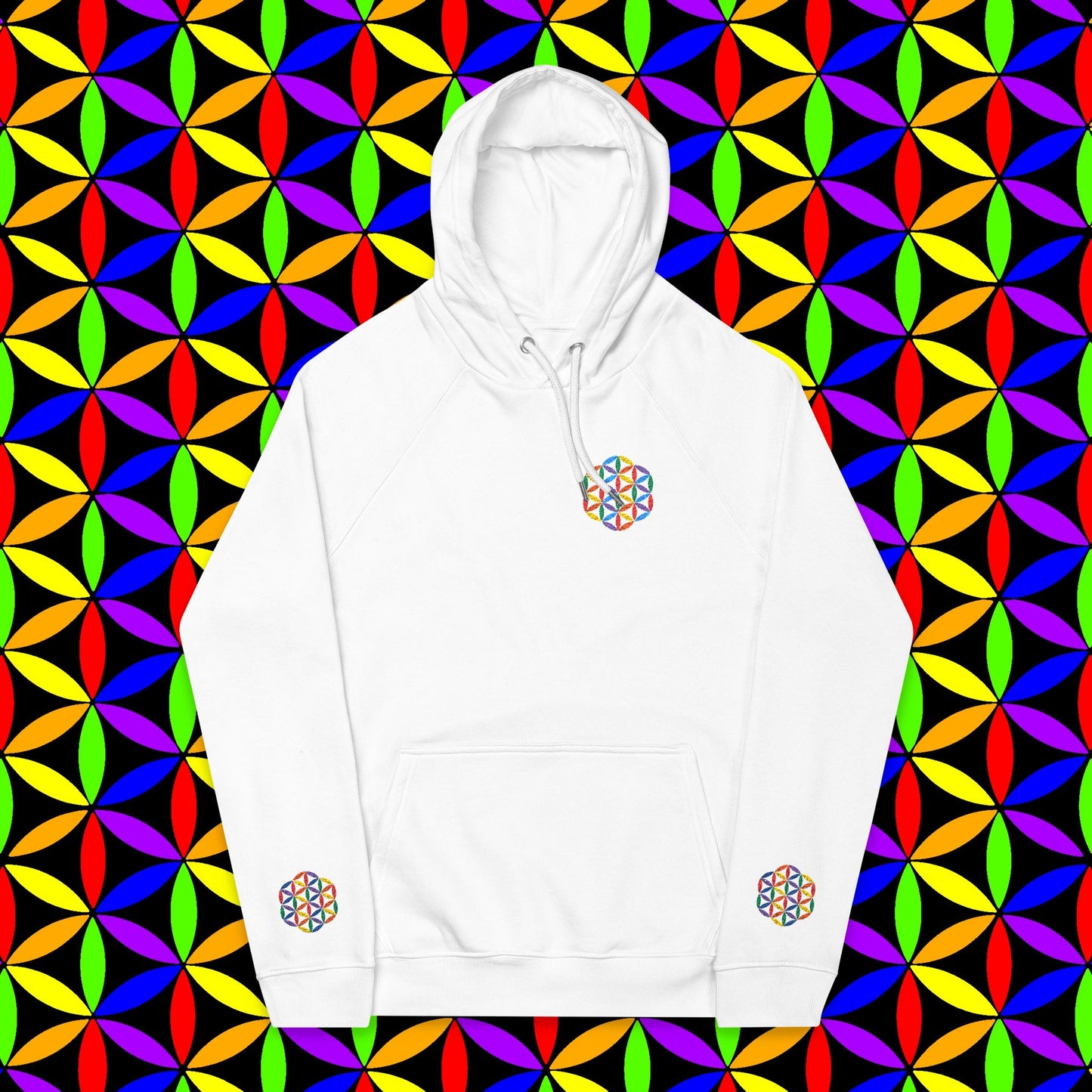 Organic Cotton Hoodie, Rainbow Flower of Life (Embroidery), Sustainable Sweatshirt, Conscious Clothing, Mindful Fashion, Nature