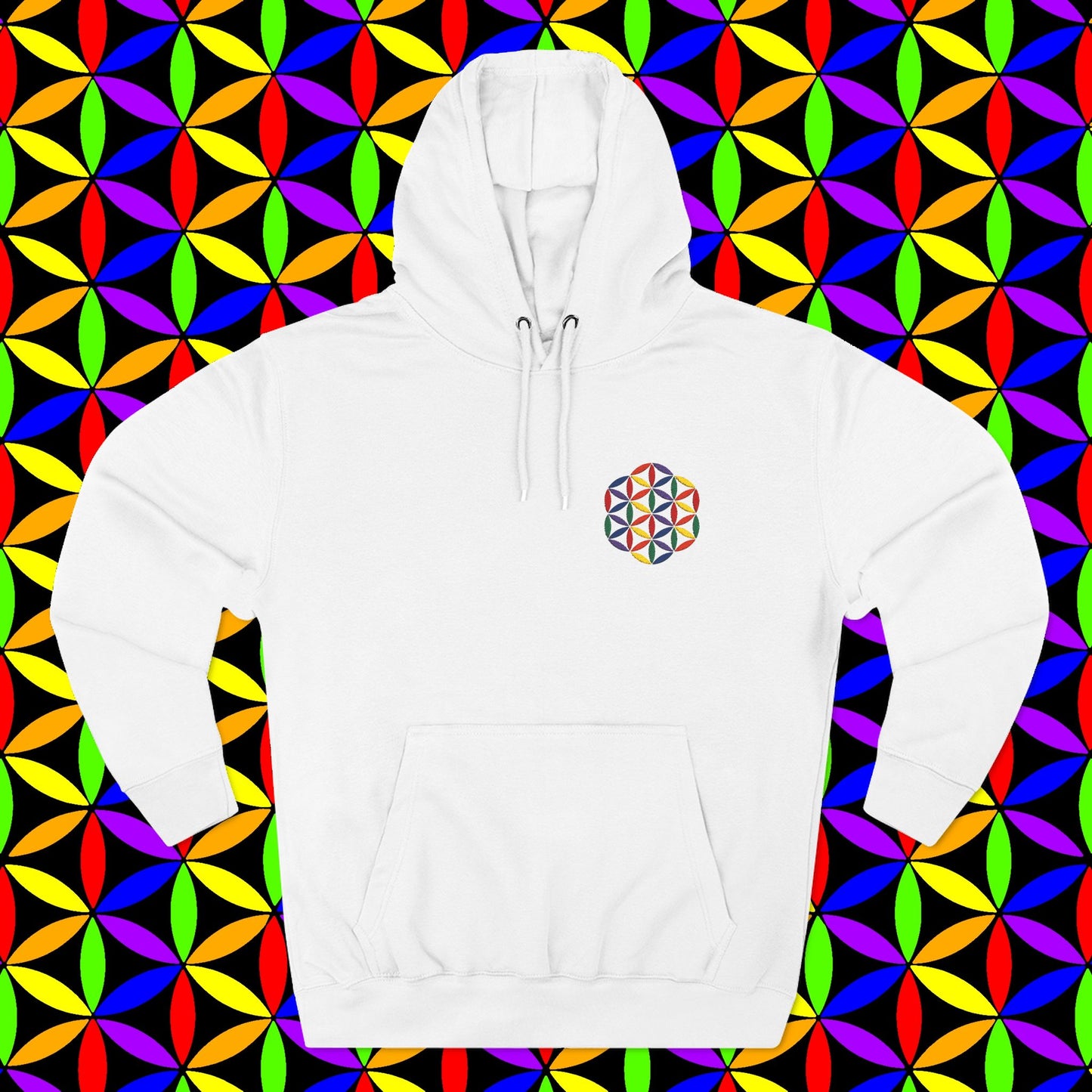 Fleece Art Hoodie, Sacred Geometry Rainbow Flower of Life Art, Psychedelic Visionary Logo Design, AlmaLaterArt, Trippy Hoodie, Festival