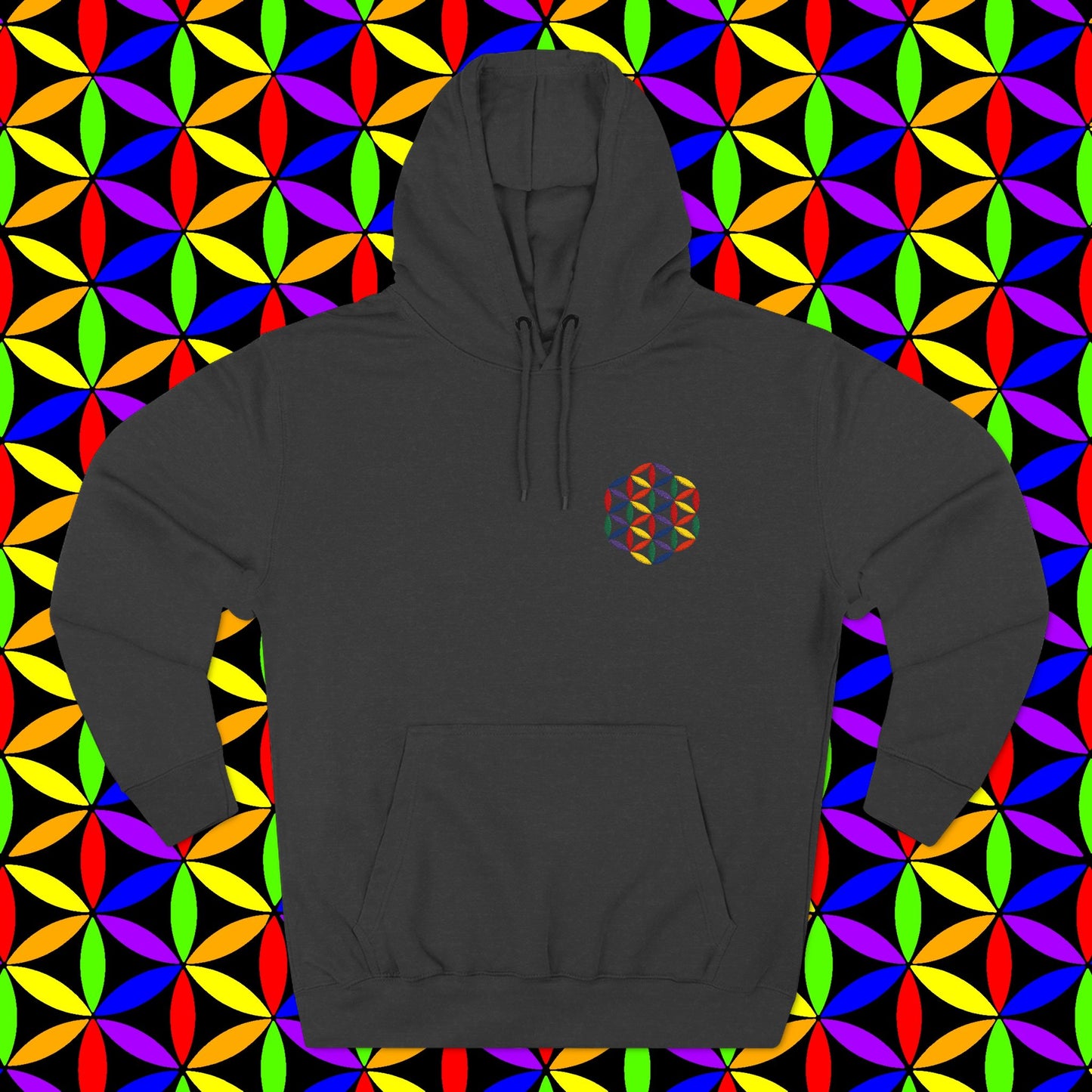 Fleece Art Hoodie, Sacred Geometry Rainbow Flower of Life Art, Psychedelic Visionary Logo Design, AlmaLaterArt, Trippy Hoodie, Festival