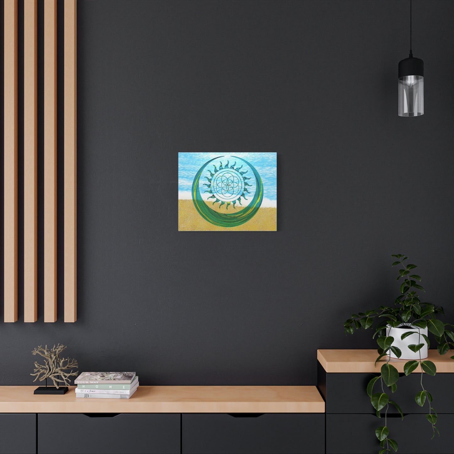 Serene Ocean Canvas Art, Beach Decor, Sun and Moon, Seed of Life, Spiritual Wall Art, Bohemian Home Accent, Gift for Yoga Lovers, Tranquil Living Room