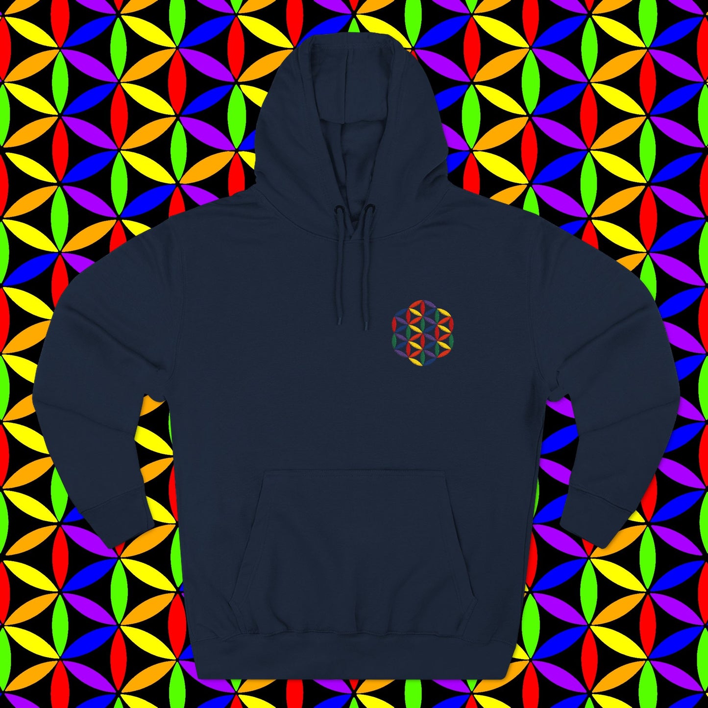 Fleece Art Hoodie, Sacred Geometry Rainbow Flower of Life Art, Psychedelic Visionary Logo Design, AlmaLaterArt, Trippy Hoodie, Festival