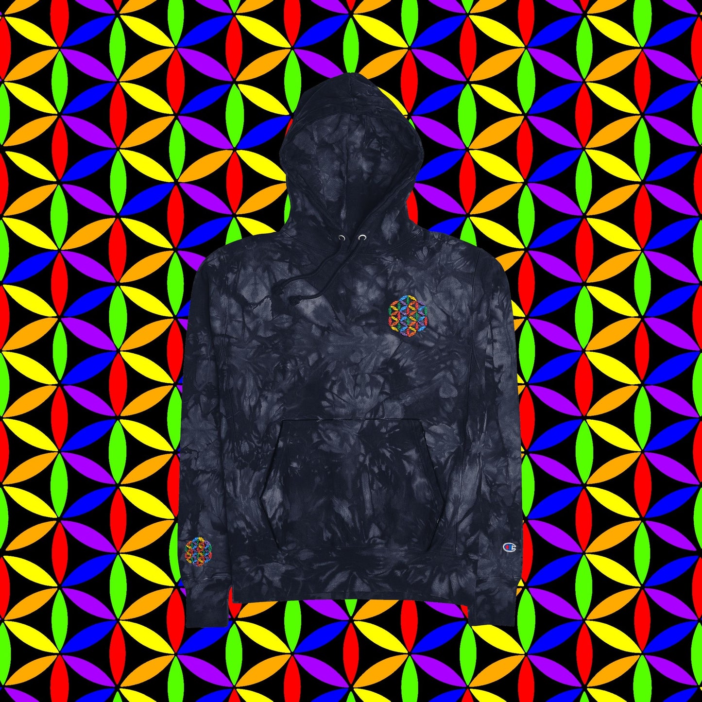 Tie-Dye Hoodie, Rainbow Flower of Life Design, Art Hoodie, Festival Rave, Conscious Creator, Visionary Artist, Spiritual People, Embroidered Hoodie