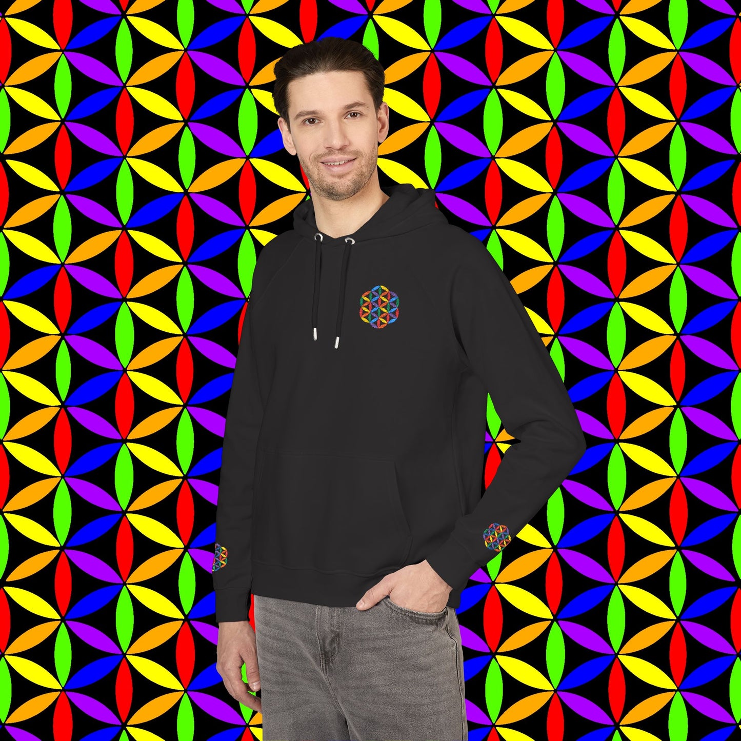 Organic Cotton Hoodie, Rainbow Flower of Life (Embroidery), Sustainable Sweatshirt, Conscious Clothing, Mindful Fashion, Nature
