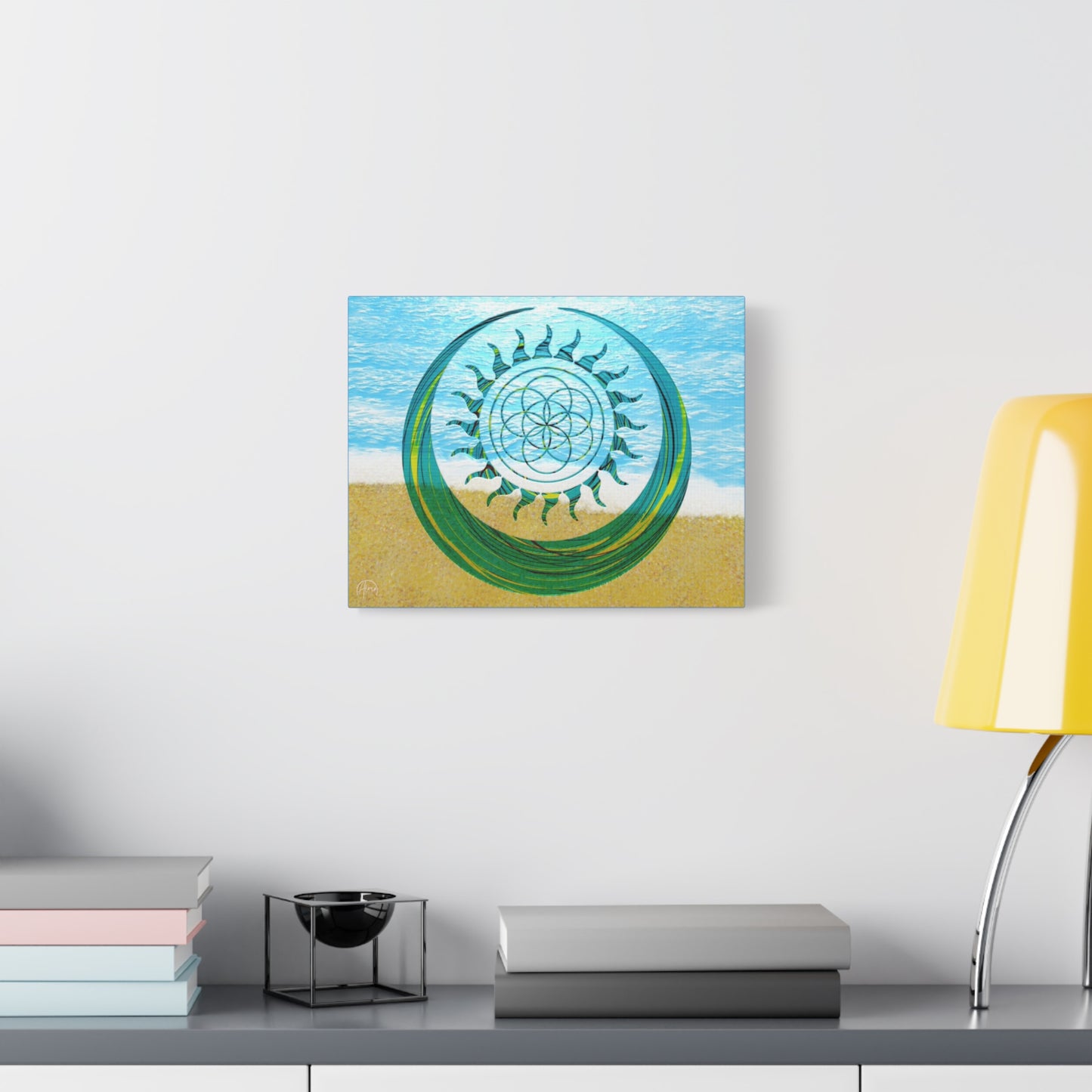 Serene Ocean Canvas Art, Beach Decor, Sun and Moon, Seed of Life, Spiritual Wall Art, Bohemian Home Accent, Gift for Yoga Lovers, Tranquil Living Room