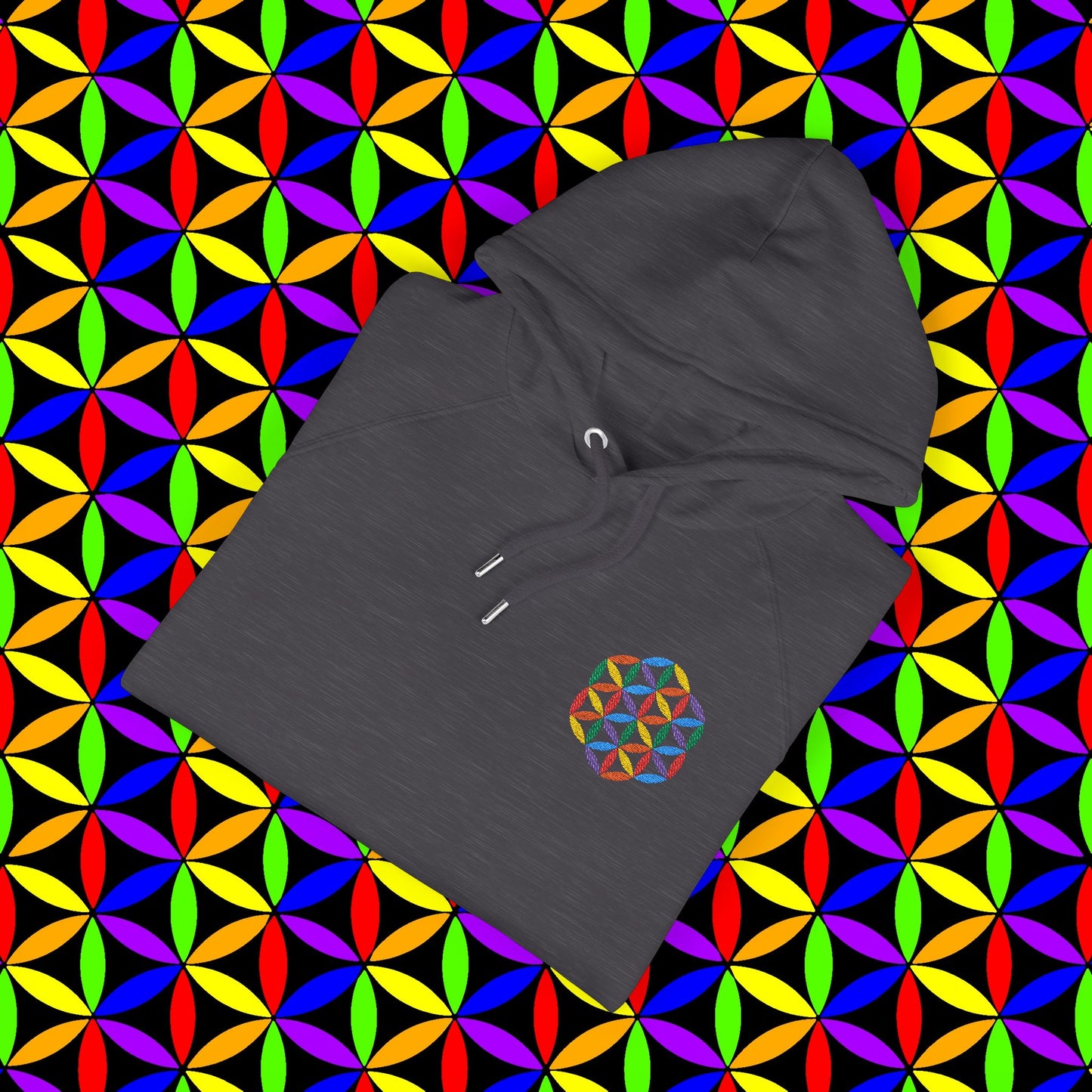 Organic Cotton Hoodie, Rainbow Flower of Life (Embroidery), Sustainable Sweatshirt, Conscious Clothing, Mindful Fashion, Nature