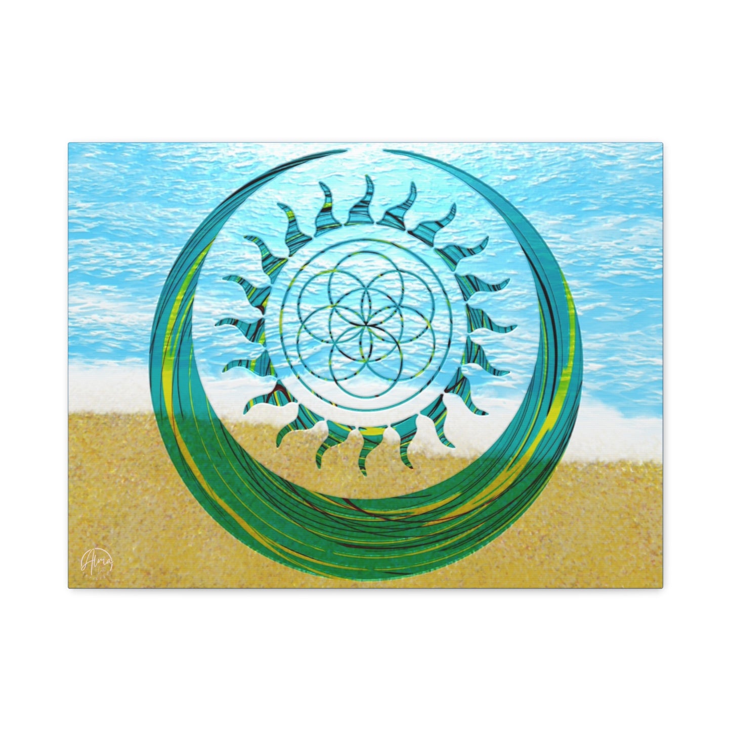 Serene Ocean Canvas Art, Beach Decor, Sun and Moon, Seed of Life, Spiritual Wall Art, Bohemian Home Accent, Gift for Yoga Lovers, Tranquil Living Room