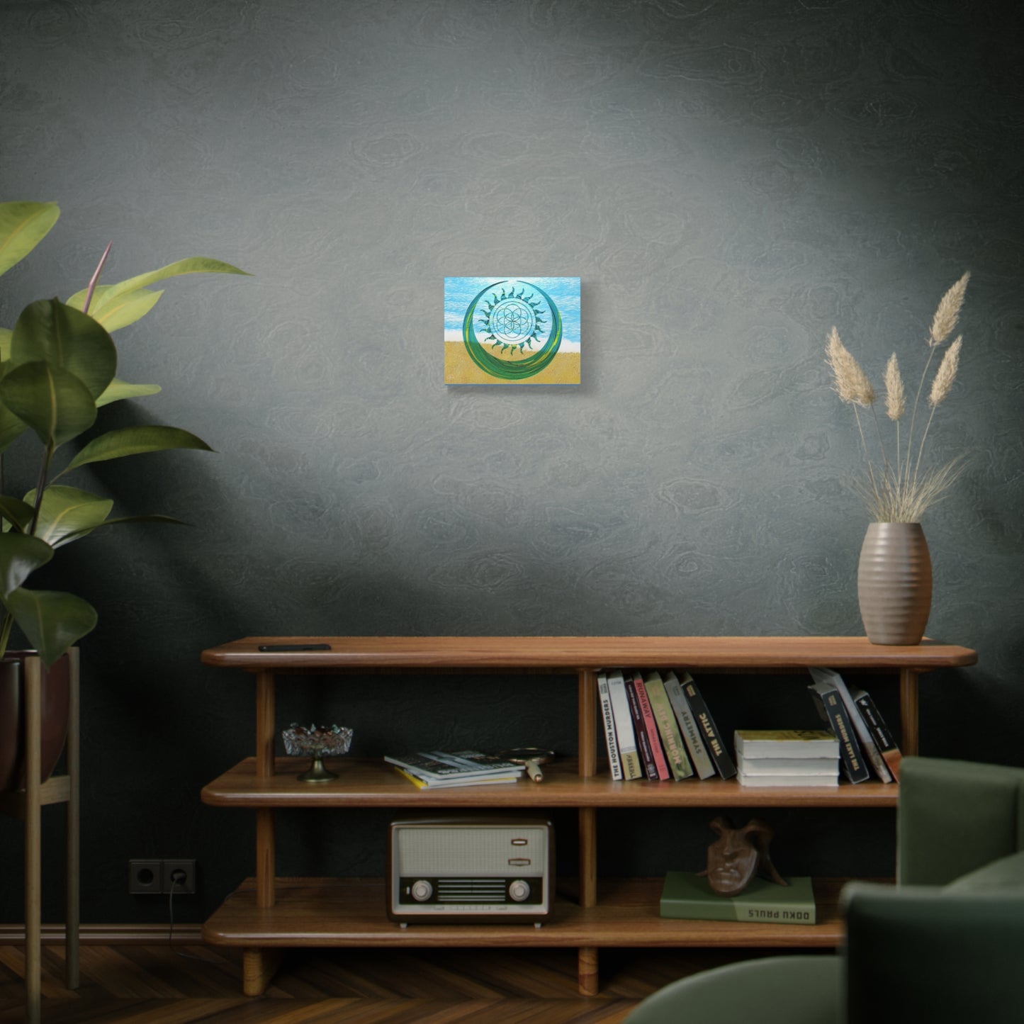 Serene Ocean Canvas Art, Beach Decor, Sun and Moon, Seed of Life, Spiritual Wall Art, Bohemian Home Accent, Gift for Yoga Lovers, Tranquil Living Room
