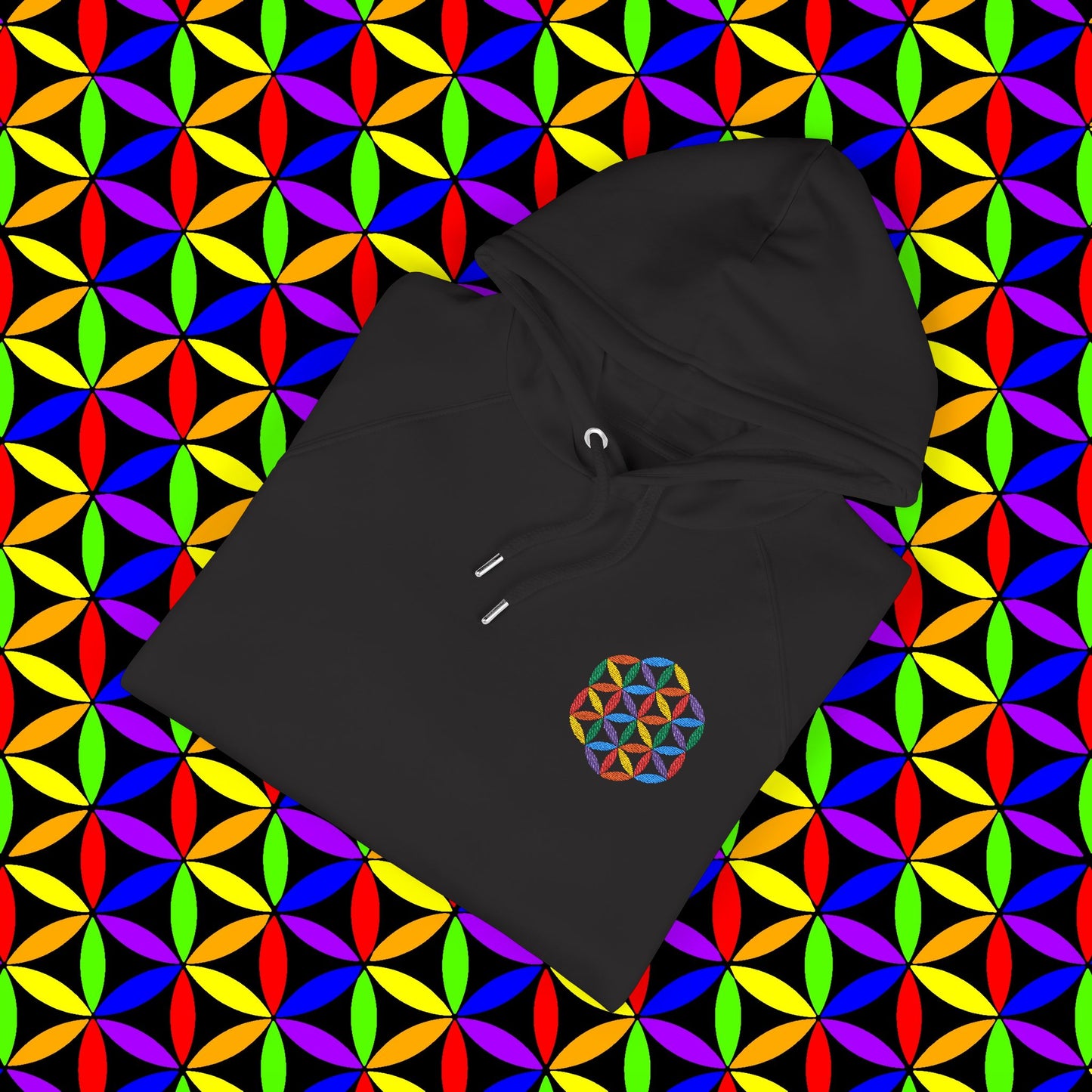 Organic Cotton Hoodie, Rainbow Flower of Life (Embroidery), Sustainable Sweatshirt, Conscious Clothing, Mindful Fashion, Nature