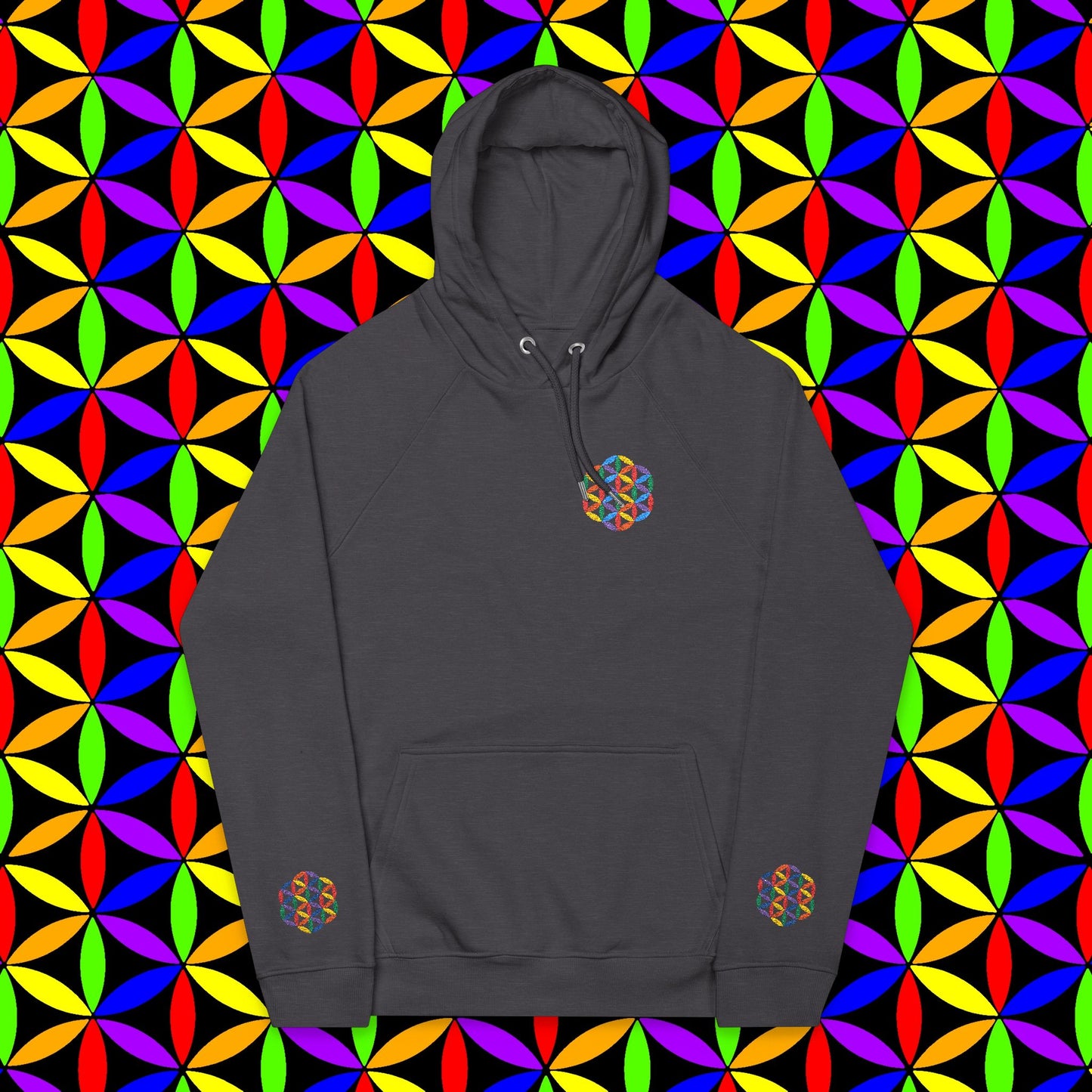 Organic Cotton Hoodie, Rainbow Flower of Life (Embroidery), Sustainable Sweatshirt, Conscious Clothing, Mindful Fashion, Nature