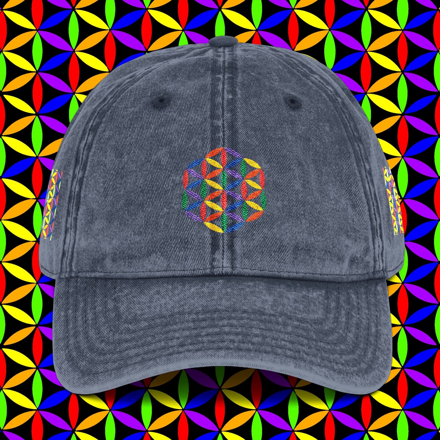 Embroidered Dad Hat | Rainbow Flower of Life Design | 100% Cotton | Conscious Spiritual Dad Hat | Sacred Geometry Hat Embroidery
