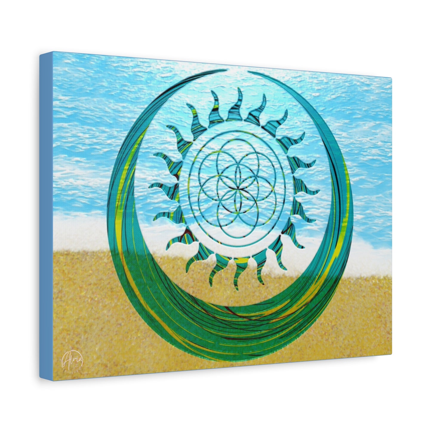 Serene Ocean Canvas Art, Beach Decor, Sun and Moon, Seed of Life, Spiritual Wall Art, Bohemian Home Accent, Gift for Yoga Lovers, Tranquil Living Room