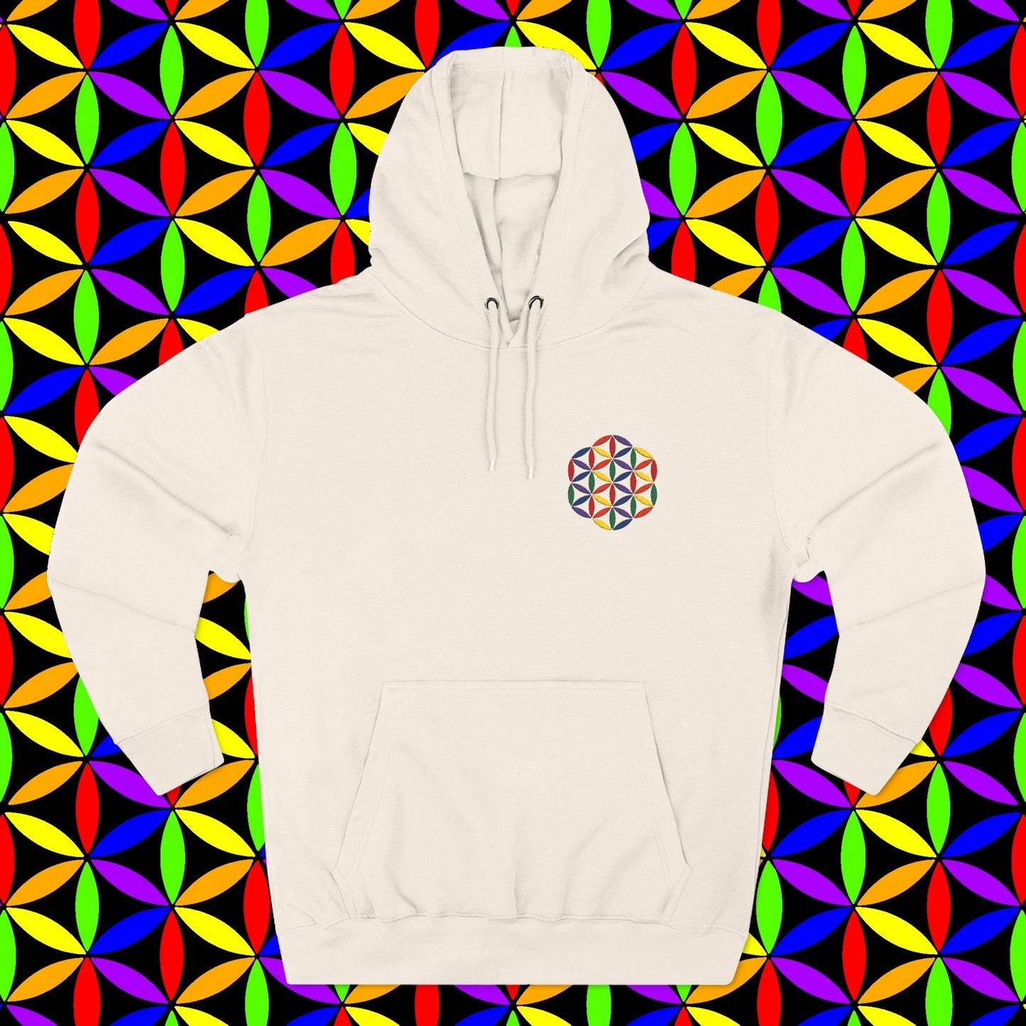 Fleece Art Hoodie, Sacred Geometry Rainbow Flower of Life Art, Psychedelic Visionary Logo Design, AlmaLaterArt, Trippy Hoodie, Festival