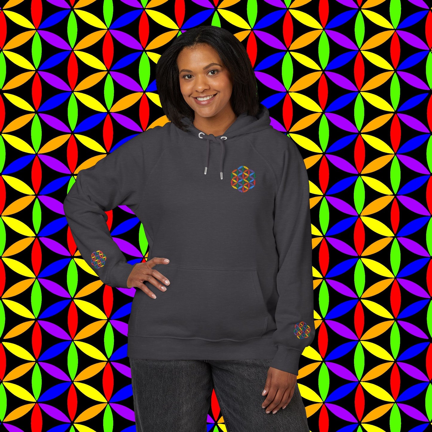 Organic Cotton Hoodie, Rainbow Flower of Life (Embroidery), Sustainable Sweatshirt, Conscious Clothing, Mindful Fashion, Nature