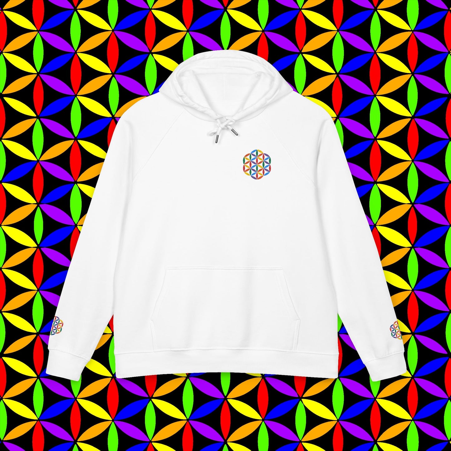 Organic Cotton Hoodie, Rainbow Flower of Life (Embroidery), Sustainable Sweatshirt, Conscious Clothing, Mindful Fashion, Nature