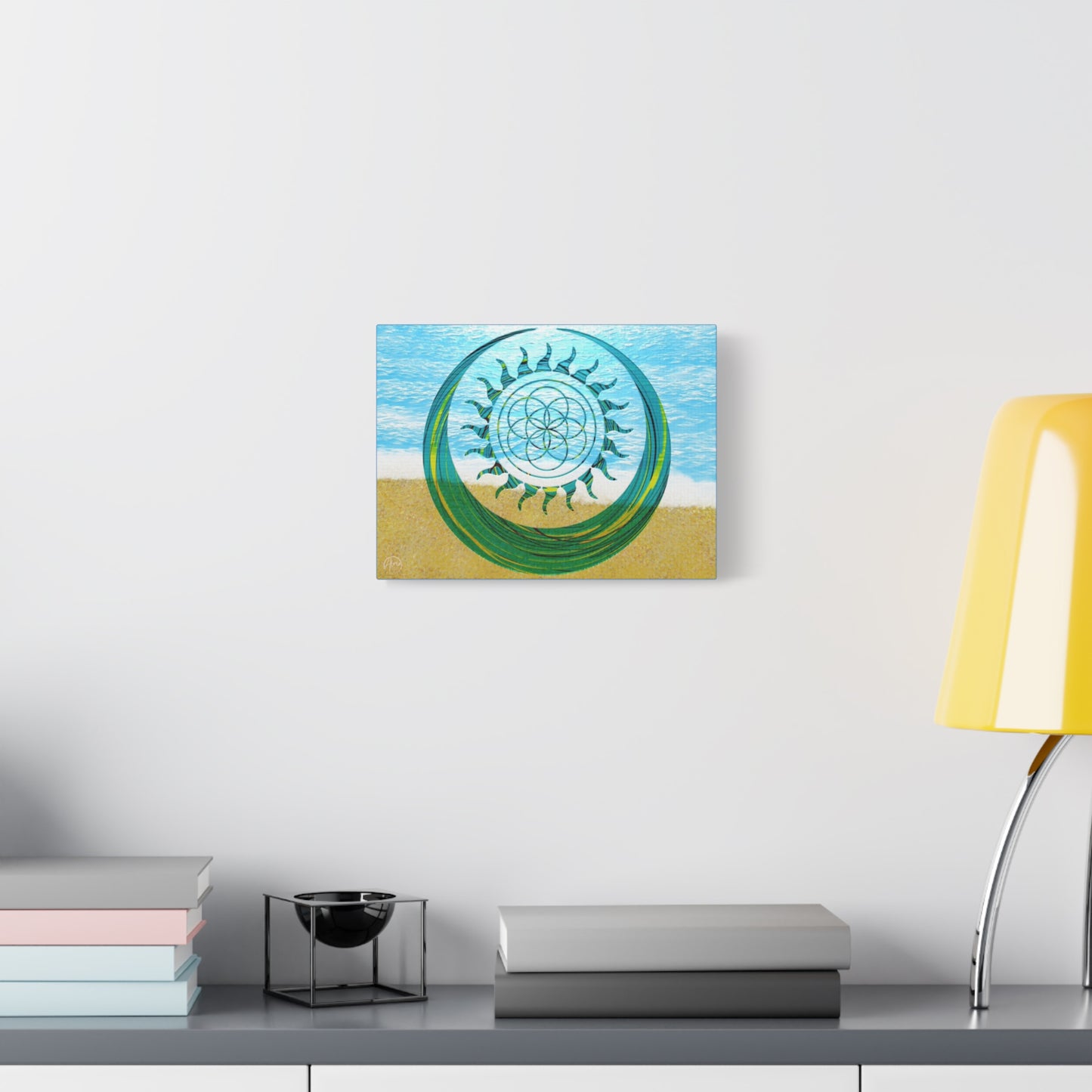 Serene Ocean Canvas Art, Beach Decor, Sun and Moon, Seed of Life, Spiritual Wall Art, Bohemian Home Accent, Gift for Yoga Lovers, Tranquil Living Room