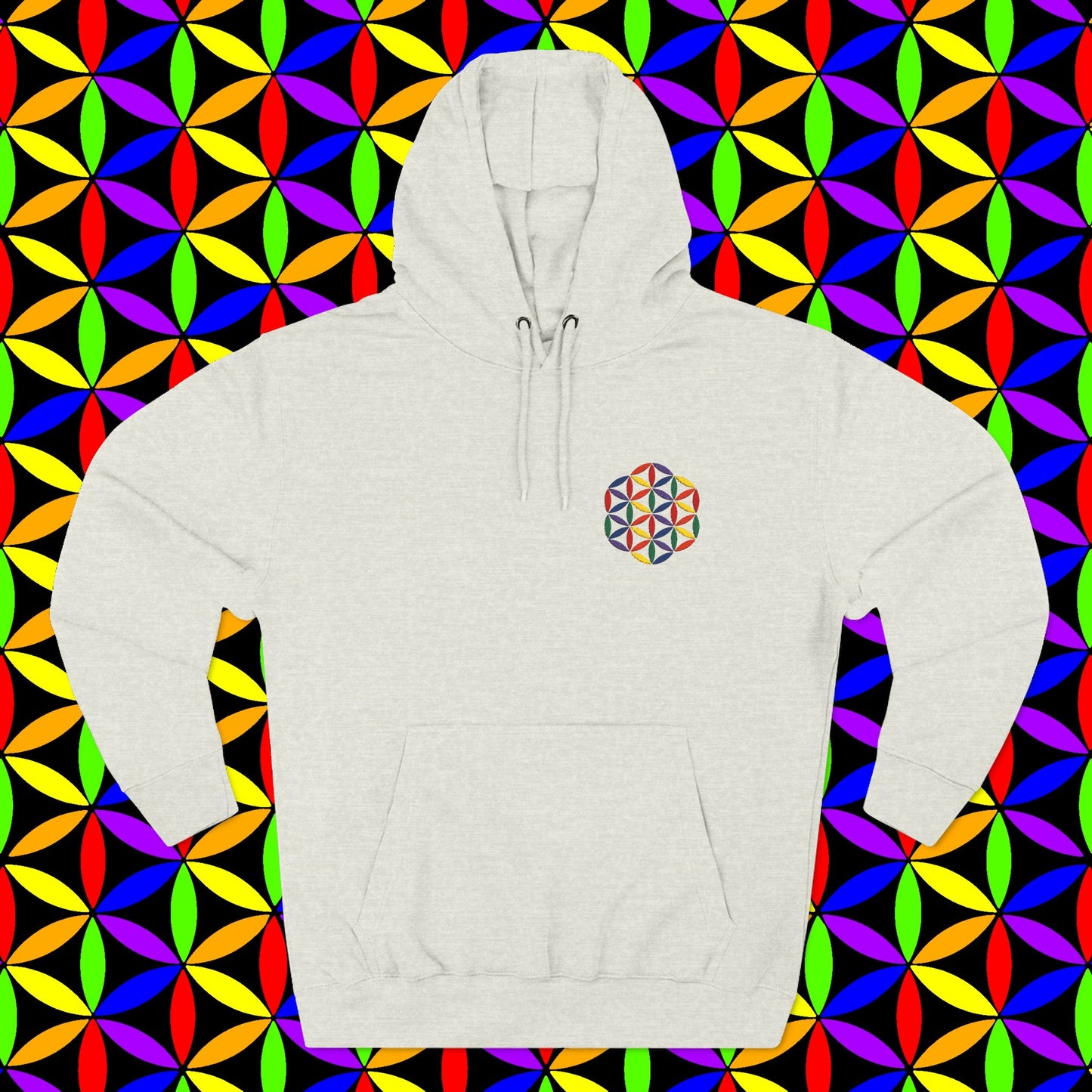 Fleece Art Hoodie, Sacred Geometry Rainbow Flower of Life Art, Psychedelic Visionary Logo Design, AlmaLaterArt, Trippy Hoodie, Festival
