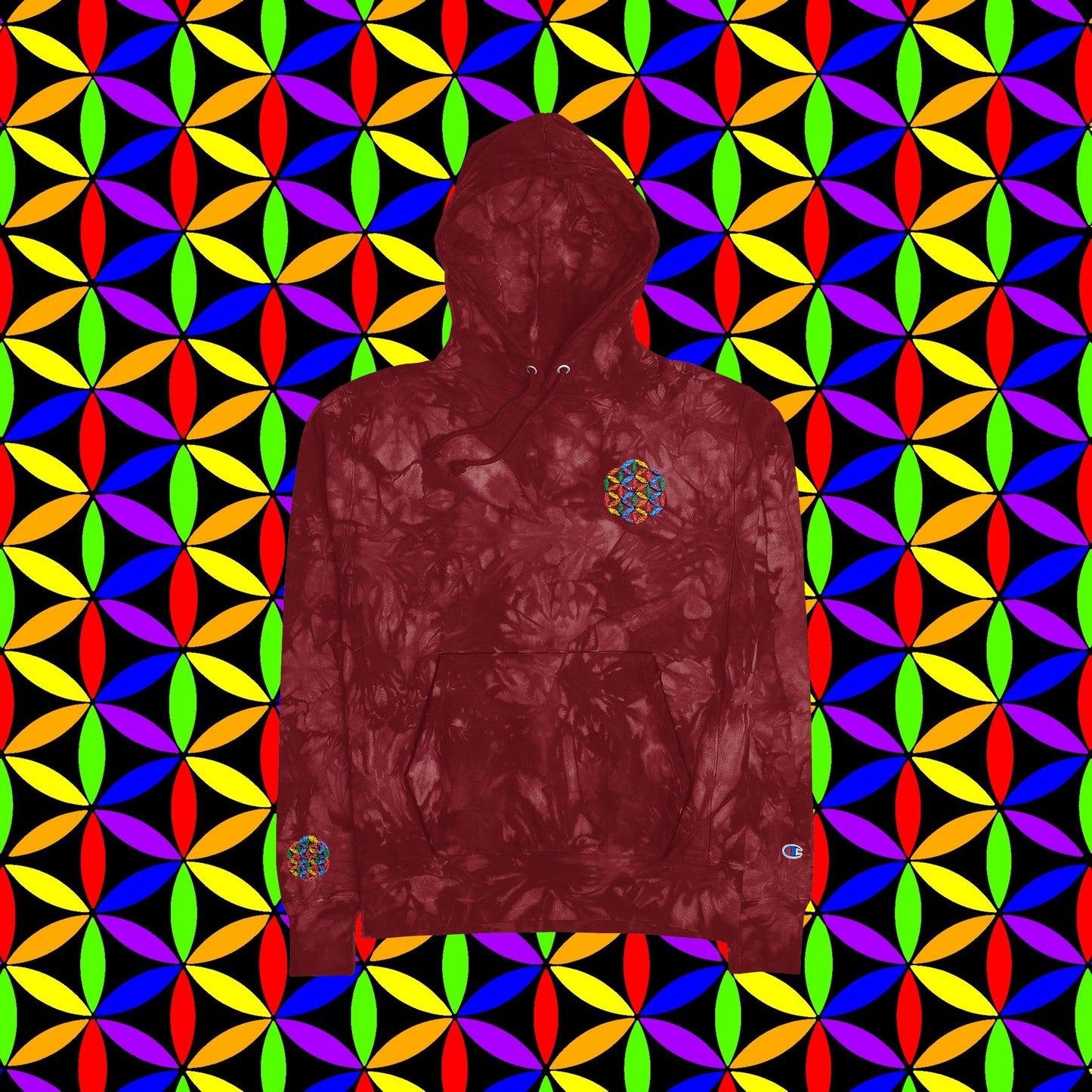 Tie-Dye Hoodie, Rainbow Flower of Life Design, Art Hoodie, Festival Rave, Conscious Creator, Visionary Artist, Spiritual People, Embroidered Hoodie