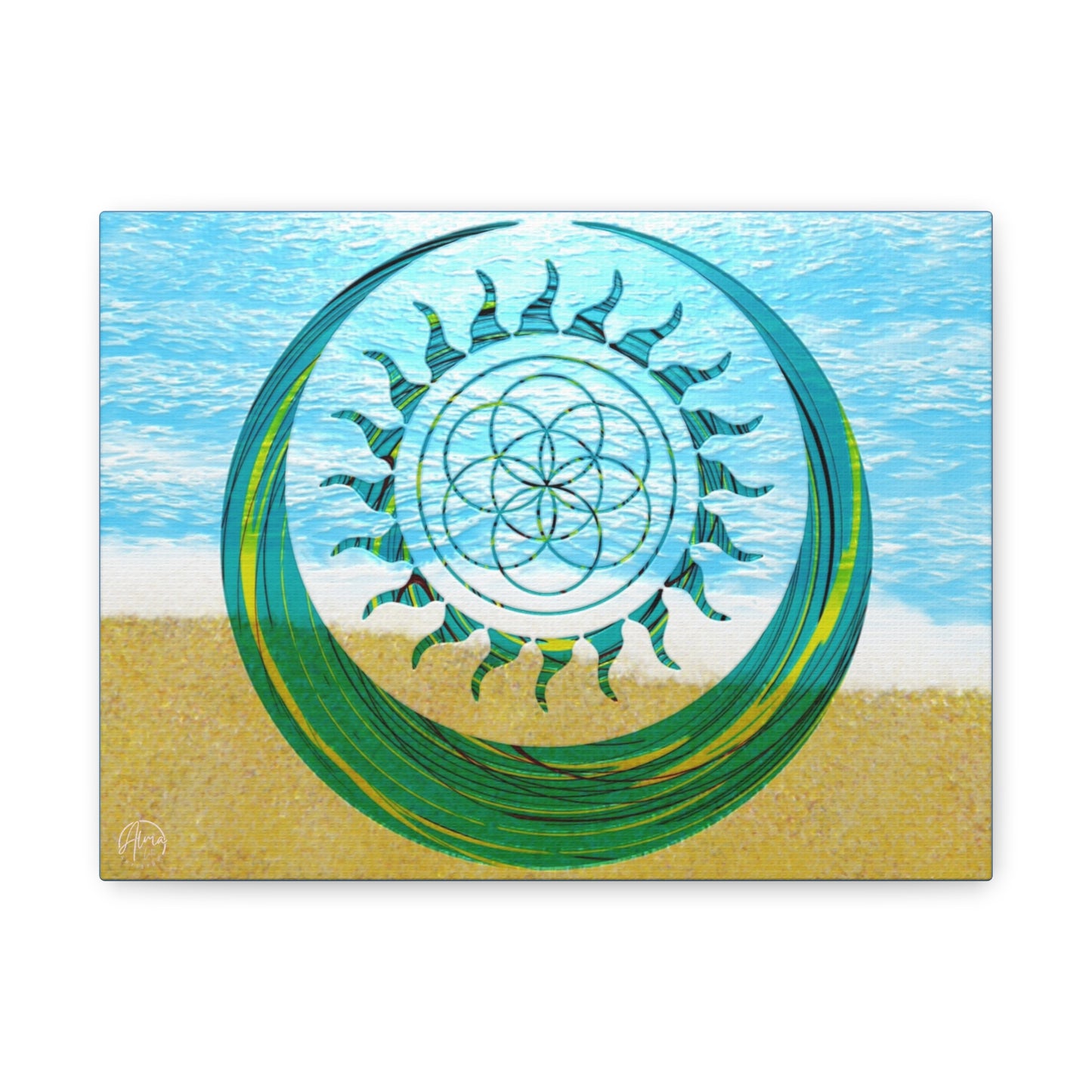 Serene Ocean Canvas Art, Beach Decor, Sun and Moon, Seed of Life, Spiritual Wall Art, Bohemian Home Accent, Gift for Yoga Lovers, Tranquil Living Room
