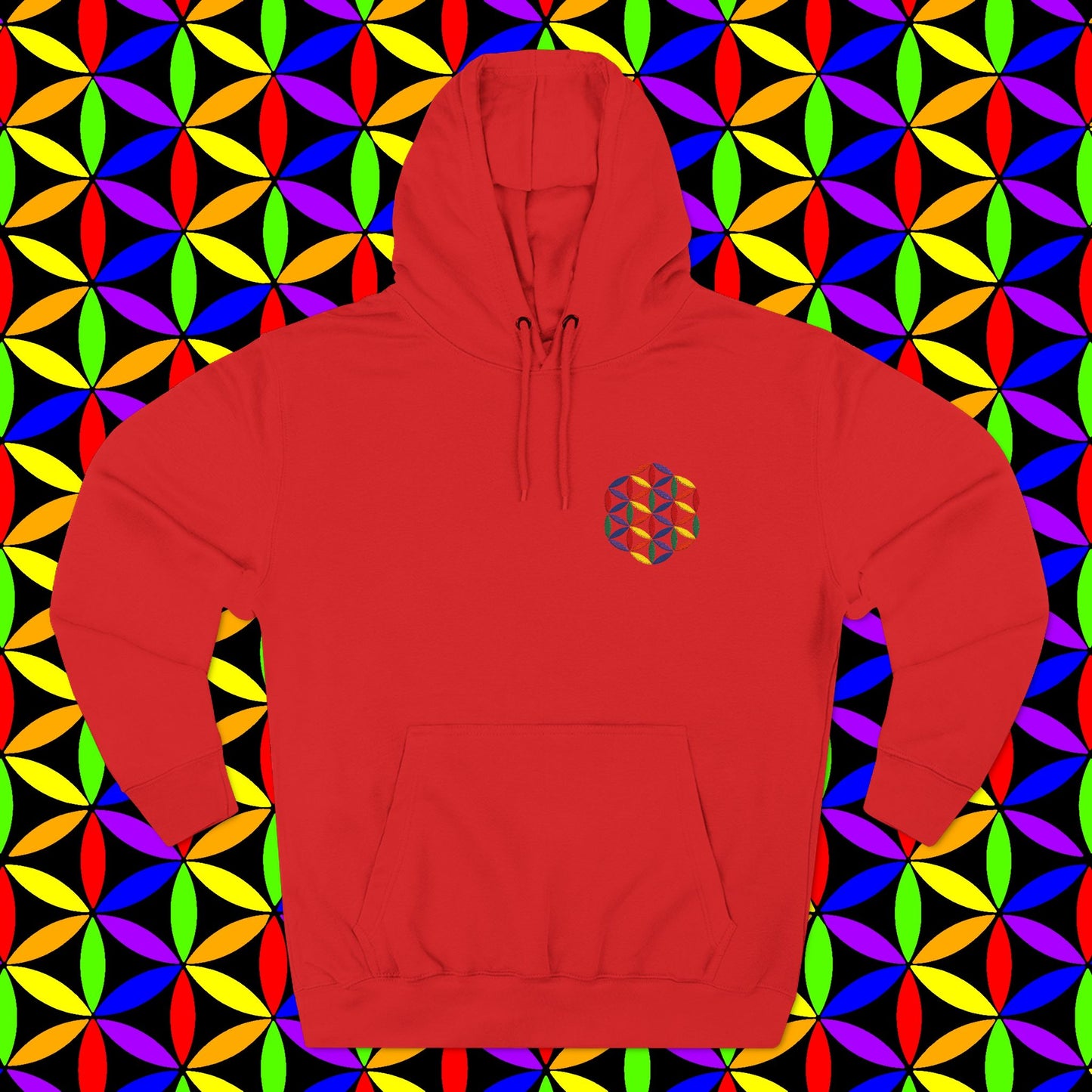 Fleece Art Hoodie, Sacred Geometry Rainbow Flower of Life Art, Psychedelic Visionary Logo Design, AlmaLaterArt, Trippy Hoodie, Festival