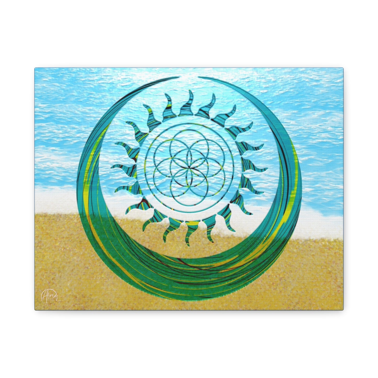 Serene Ocean Canvas Art, Beach Decor, Sun and Moon, Seed of Life, Spiritual Wall Art, Bohemian Home Accent, Gift for Yoga Lovers, Tranquil Living Room