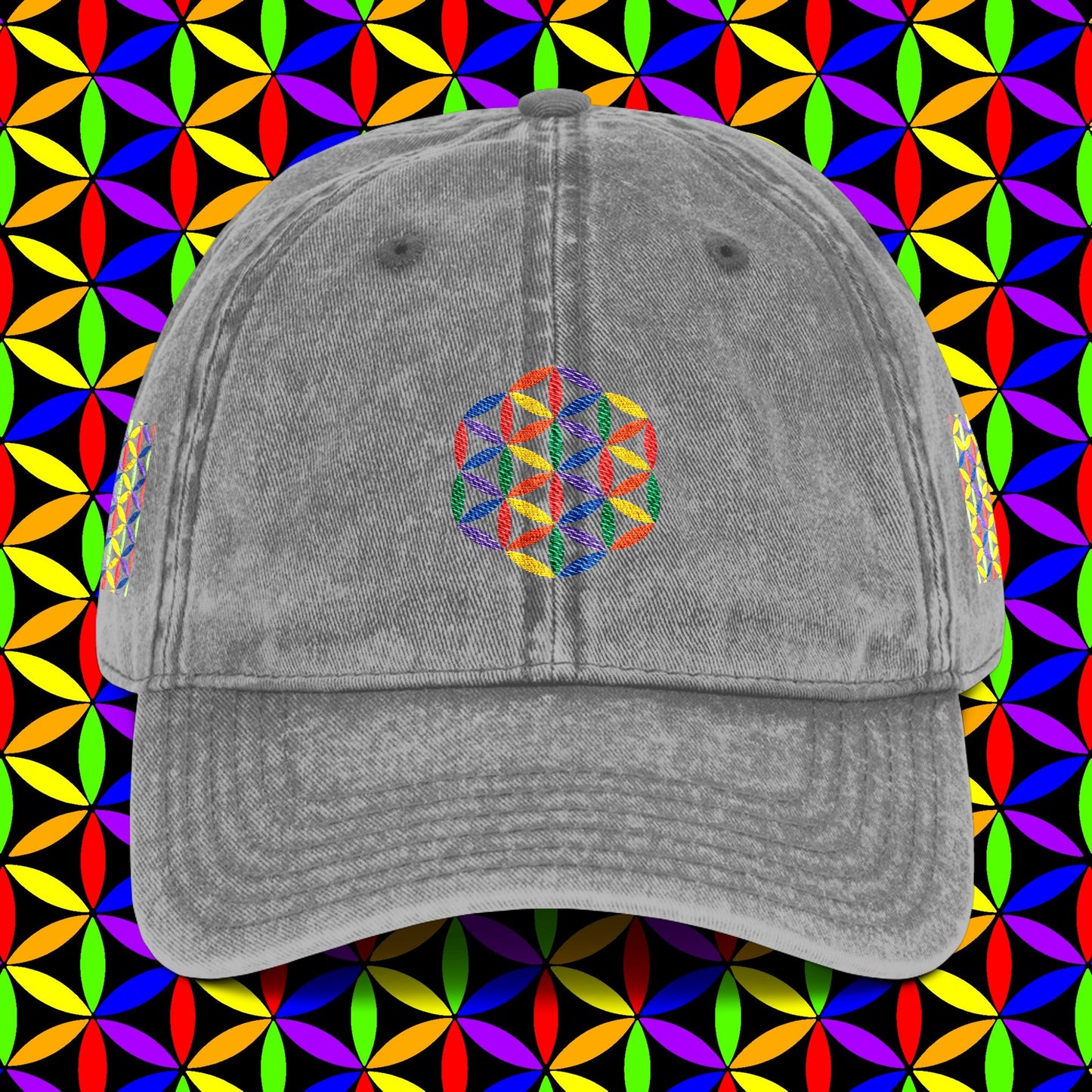 Embroidered Dad Hat | Rainbow Flower of Life Design | 100% Cotton | Conscious Spiritual Dad Hat | Sacred Geometry Hat Embroidery
